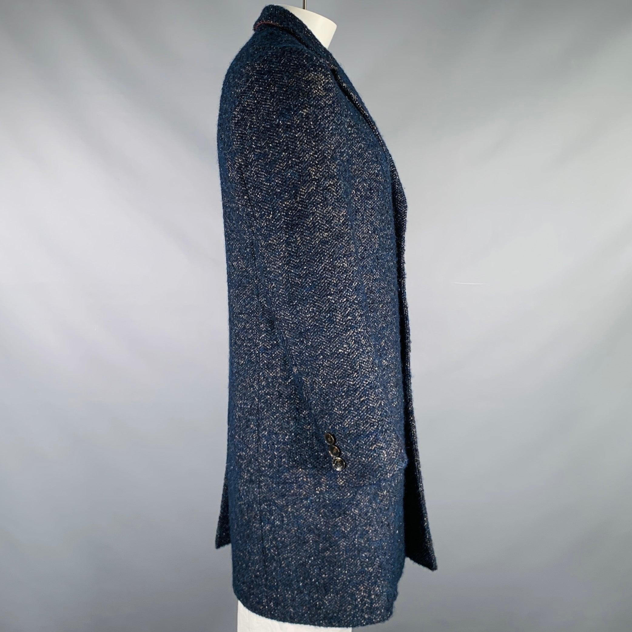 Black HUGO BOSS Size 42 Navy Taupe Nailhead Virgin Wool Blend Coat For Sale