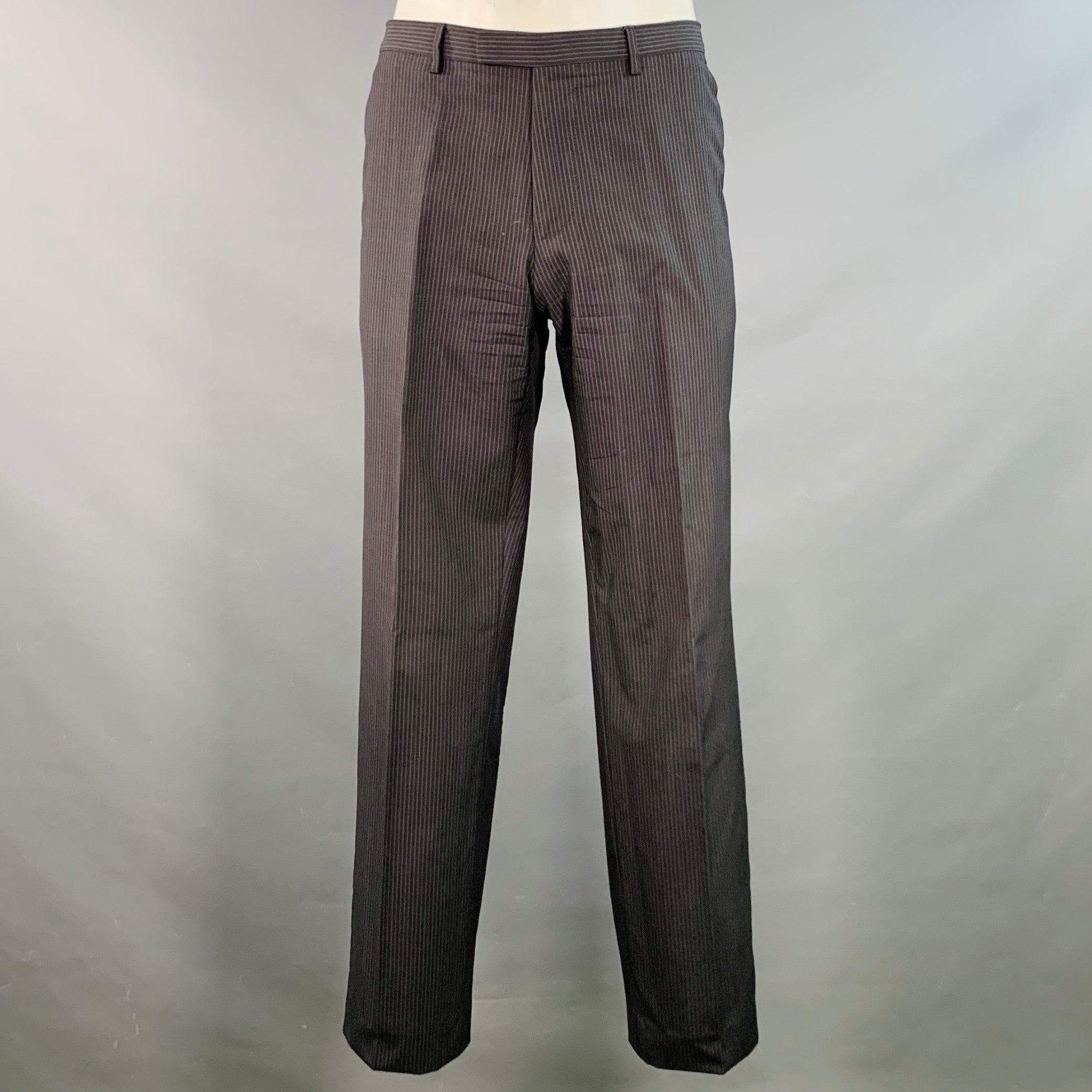 HUGO BOSS Talla 42 Regular Traje Negro Rayas Carbón Lana Virgen Seda en venta 1