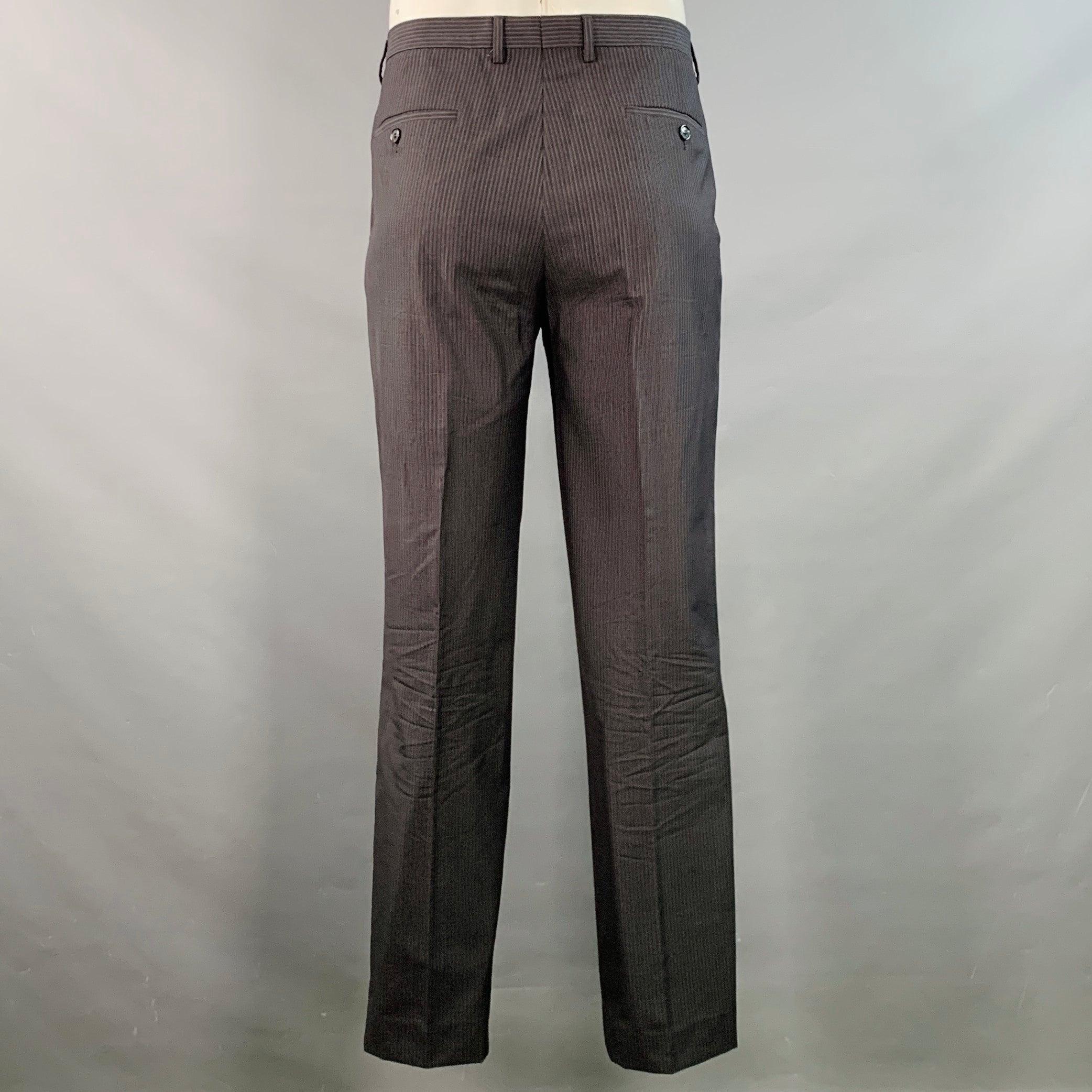 HUGO BOSS Talla 42 Regular Traje Negro Rayas Carbón Lana Virgen Seda en venta 2