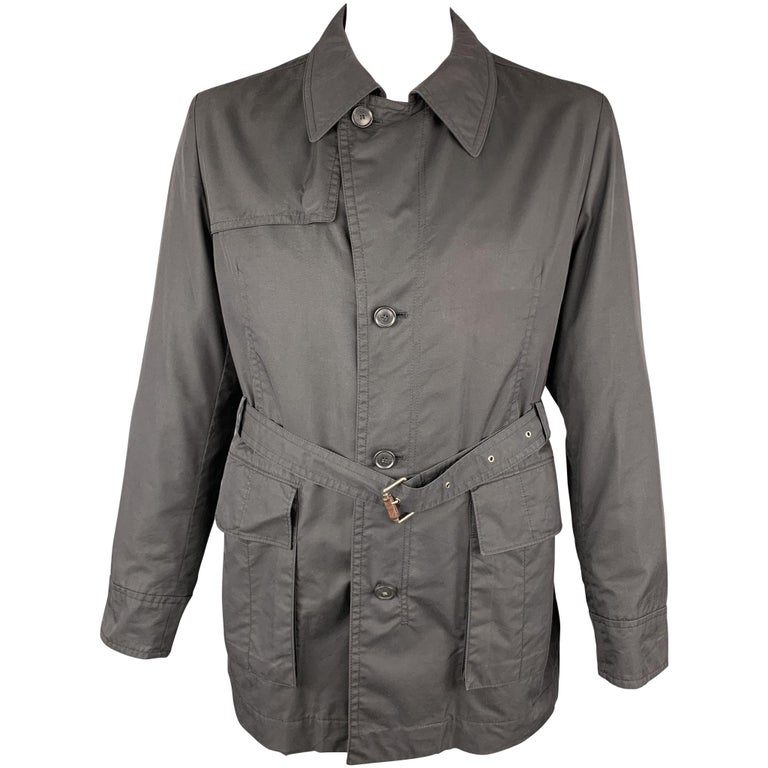 HUGO BOSS Size 44 Black Solid Cotton Blend Belted Jacket For Sale at 1stDibs