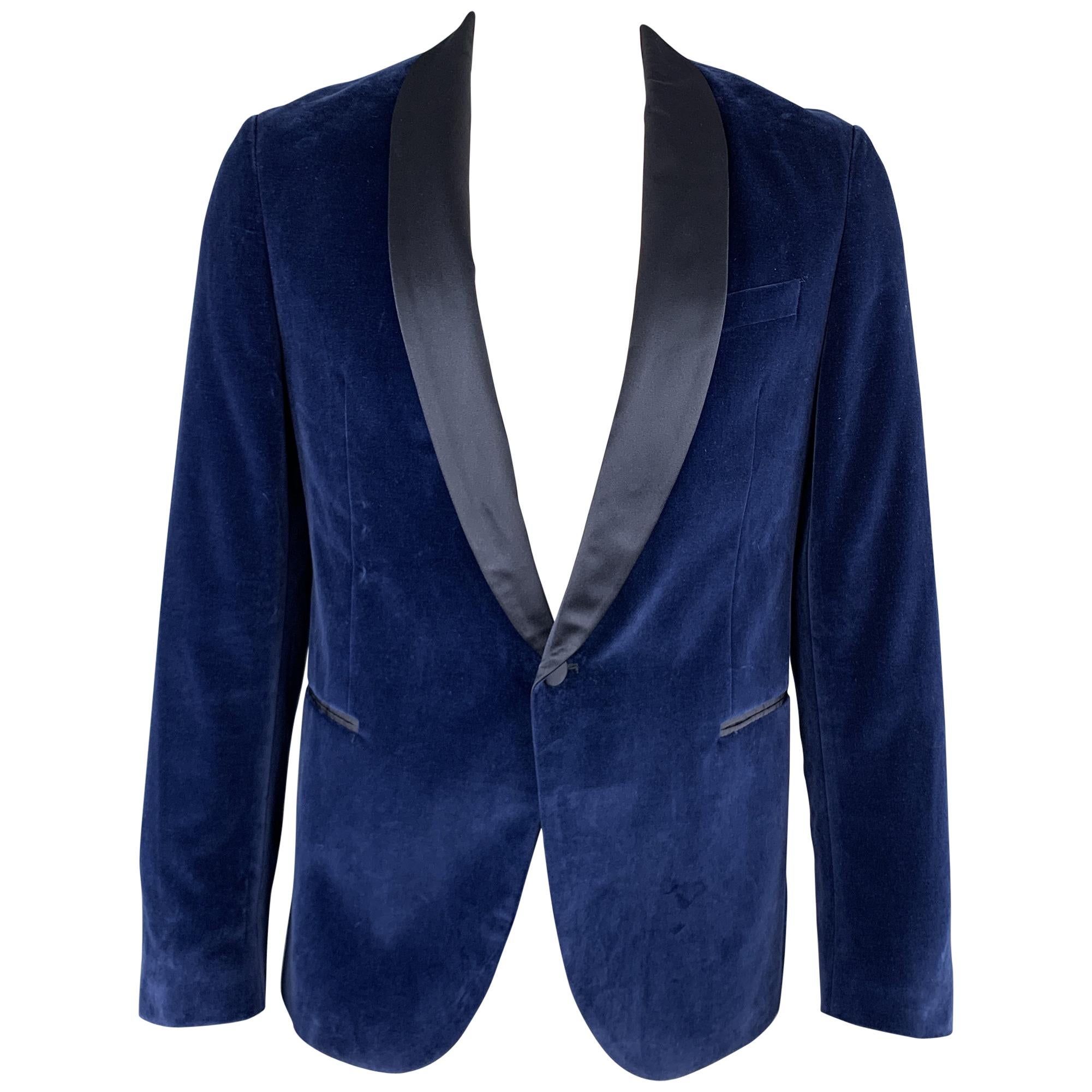 HUGO BOSS Size 44 Navy Blue Velvet Satin Shawl Collar Dinner Jacket