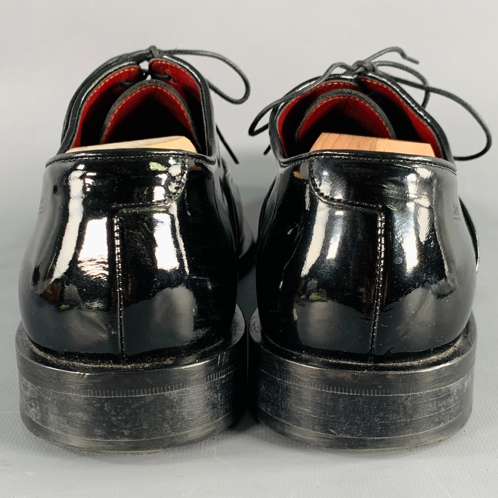 HUGO BOSS Size 8.5 Black Patent Leather Tuxedo Formal Lace-Up Shoes In Good Condition For Sale In San Francisco, CA