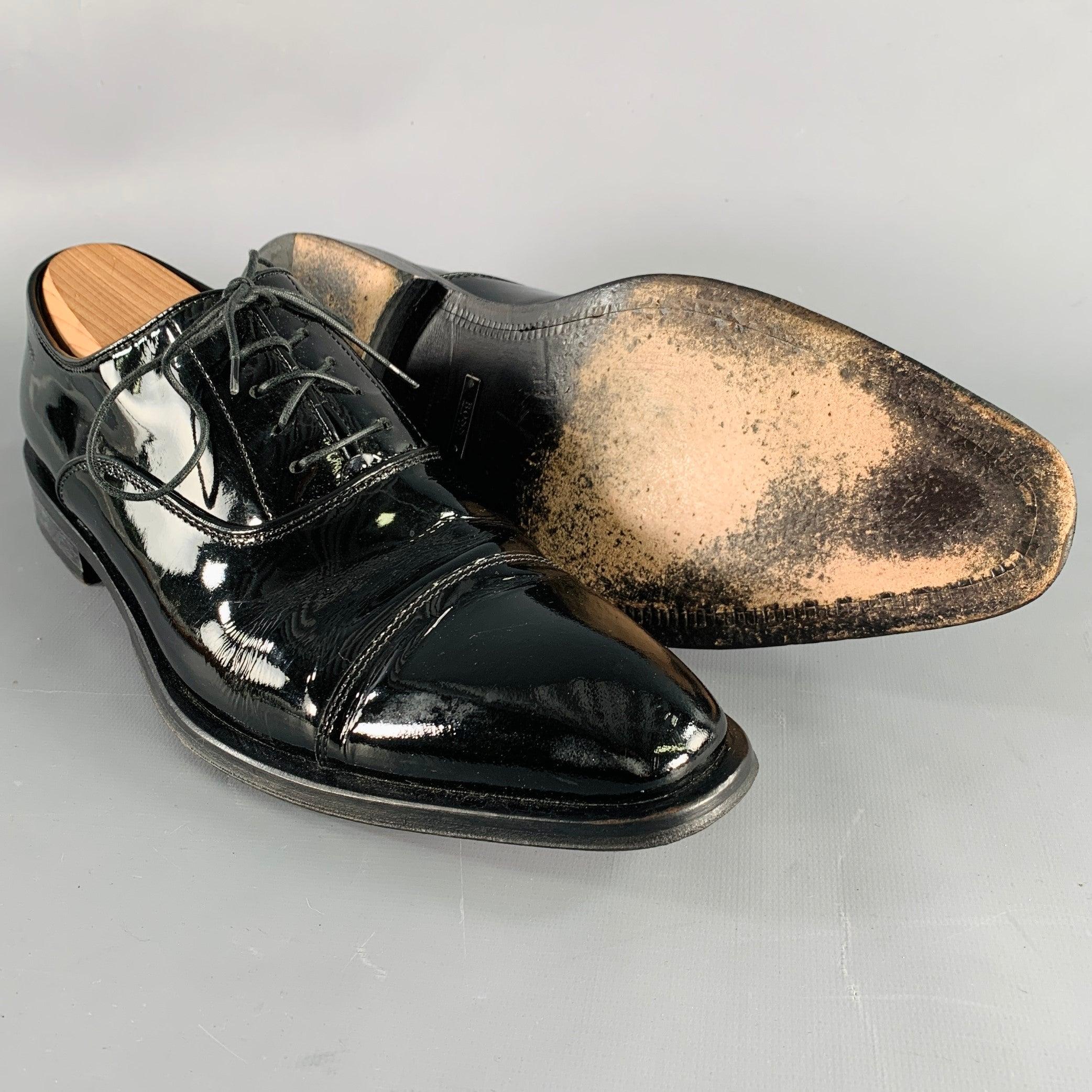 HUGO BOSS Size 8.5 Black Patent Leather Tuxedo Formal Lace-Up Shoes For Sale 1