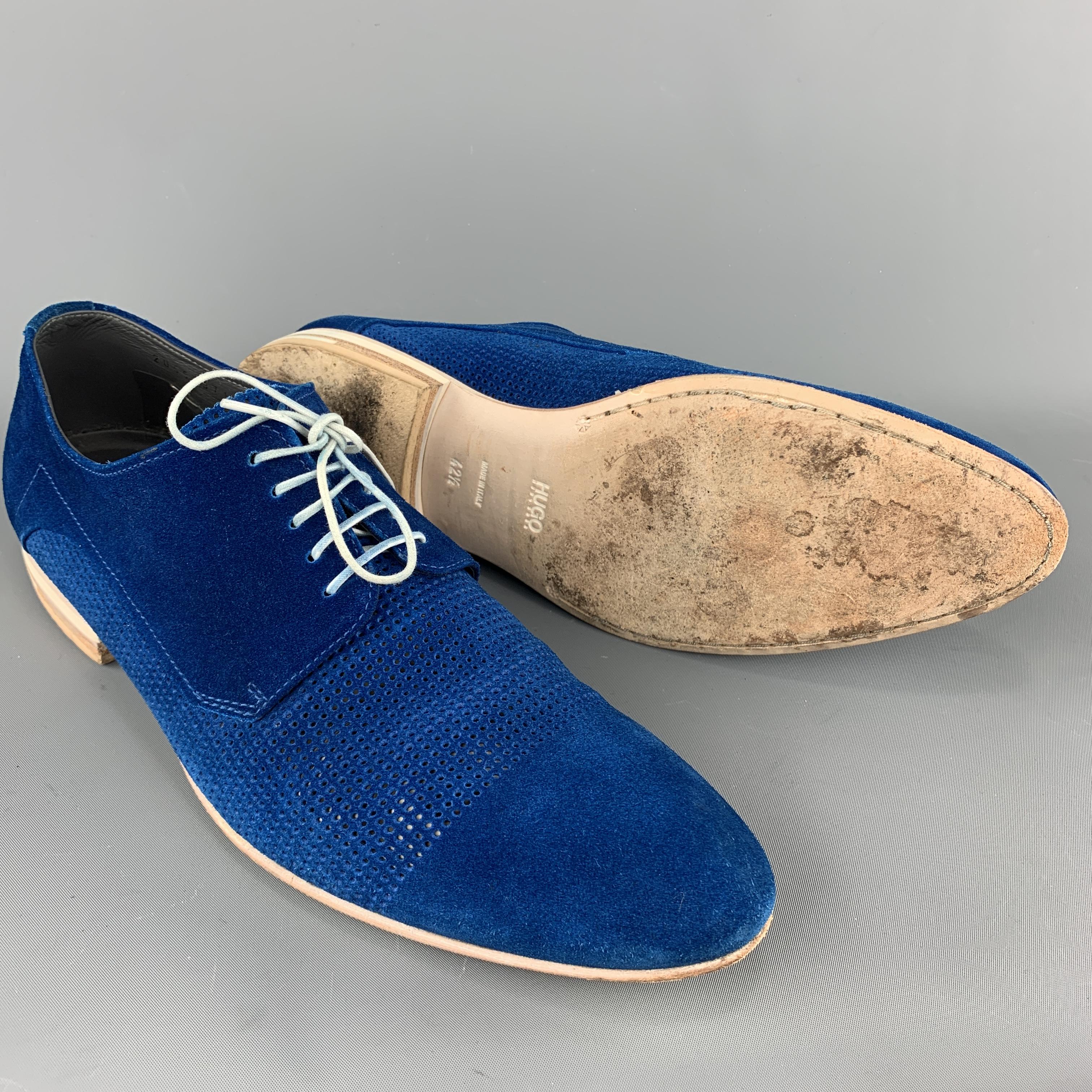 HUGO BOSS Size 9.5 Blue Perforated Suede Pointed Lace Up In Excellent Condition In San Francisco, CA