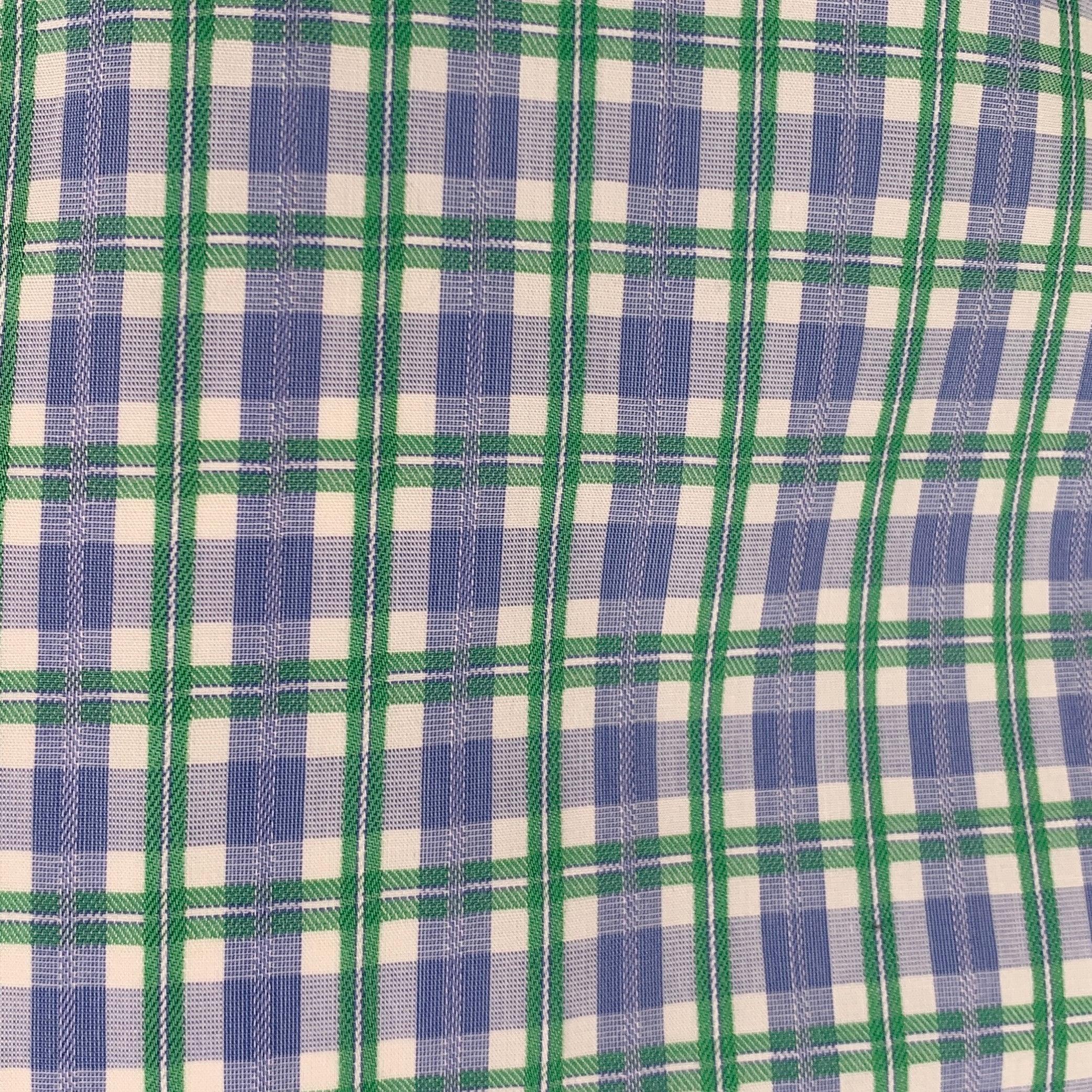 HUGO BOSS long sleeve shirt
in a blue, white, and green woven fabric featuring a checkered pattern, spread collar, and button closure. Excellent Pre-Owned Condition. 

Marked:   17 / 34/35 

Measurements: 
 
Shoulder: 18 inches Chest: 44 inches