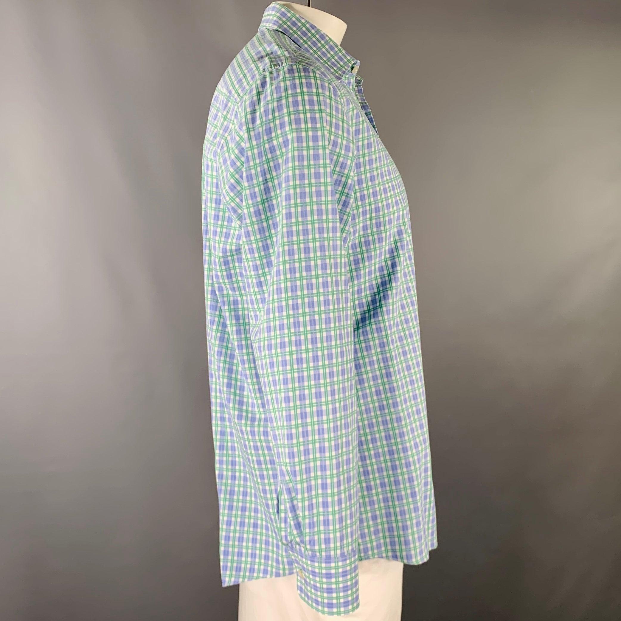 Gray HUGO BOSS Size L Blue White Green Checkered Long Sleeve Shirt For Sale