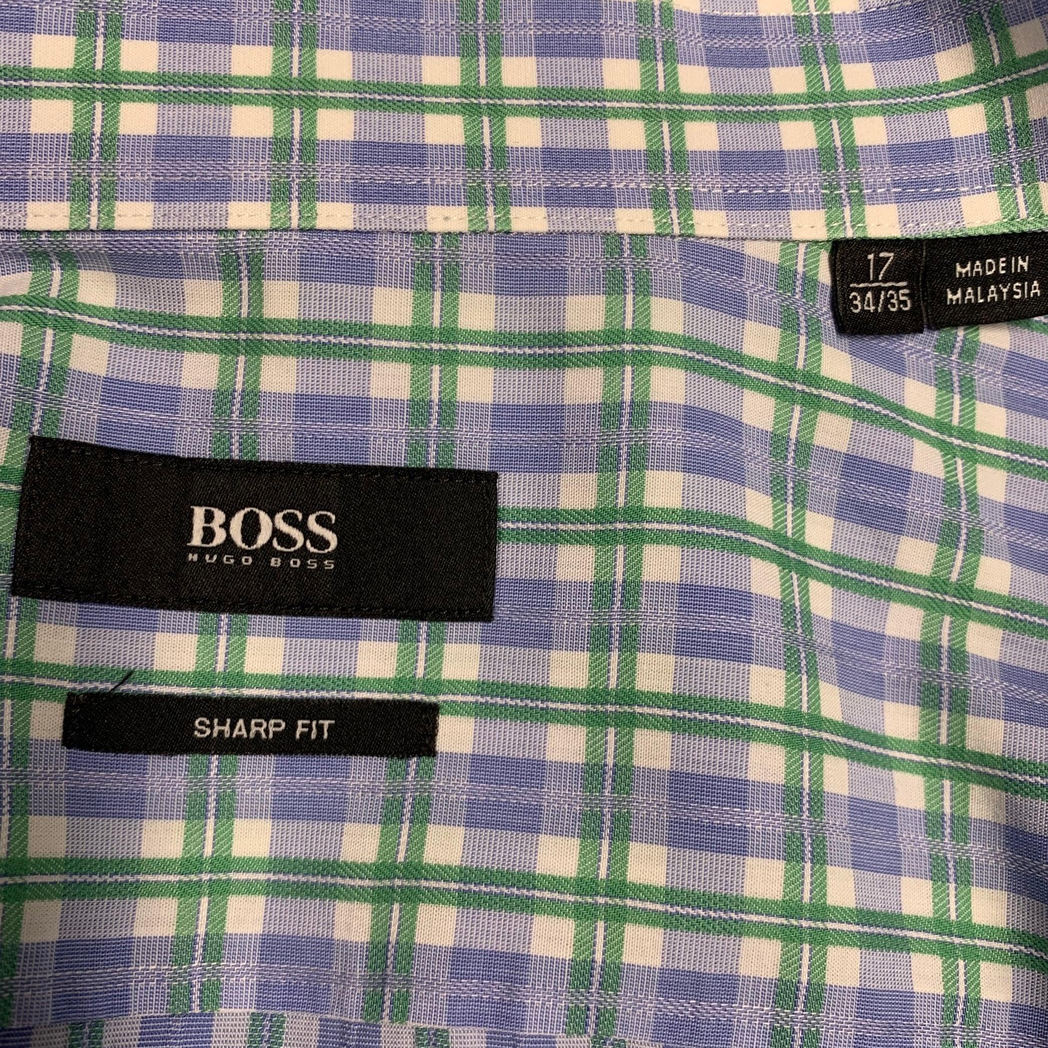 Men's HUGO BOSS Size L Blue White Green Checkered Long Sleeve Shirt For Sale