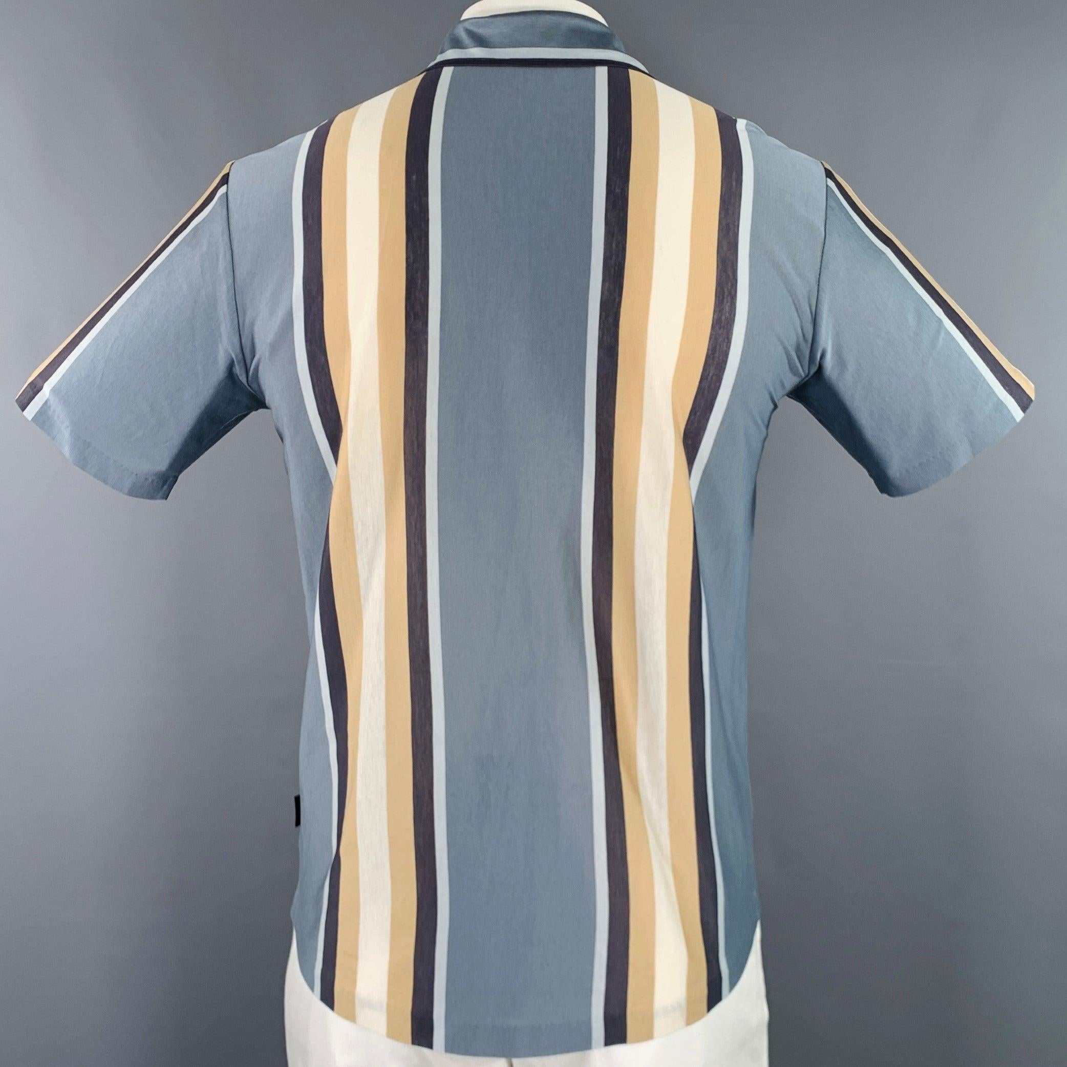 HUGO BOSS Size L Grey Beige Stripe Mercerized Cotton Short Sleeve Shirt In Excellent Condition In San Francisco, CA