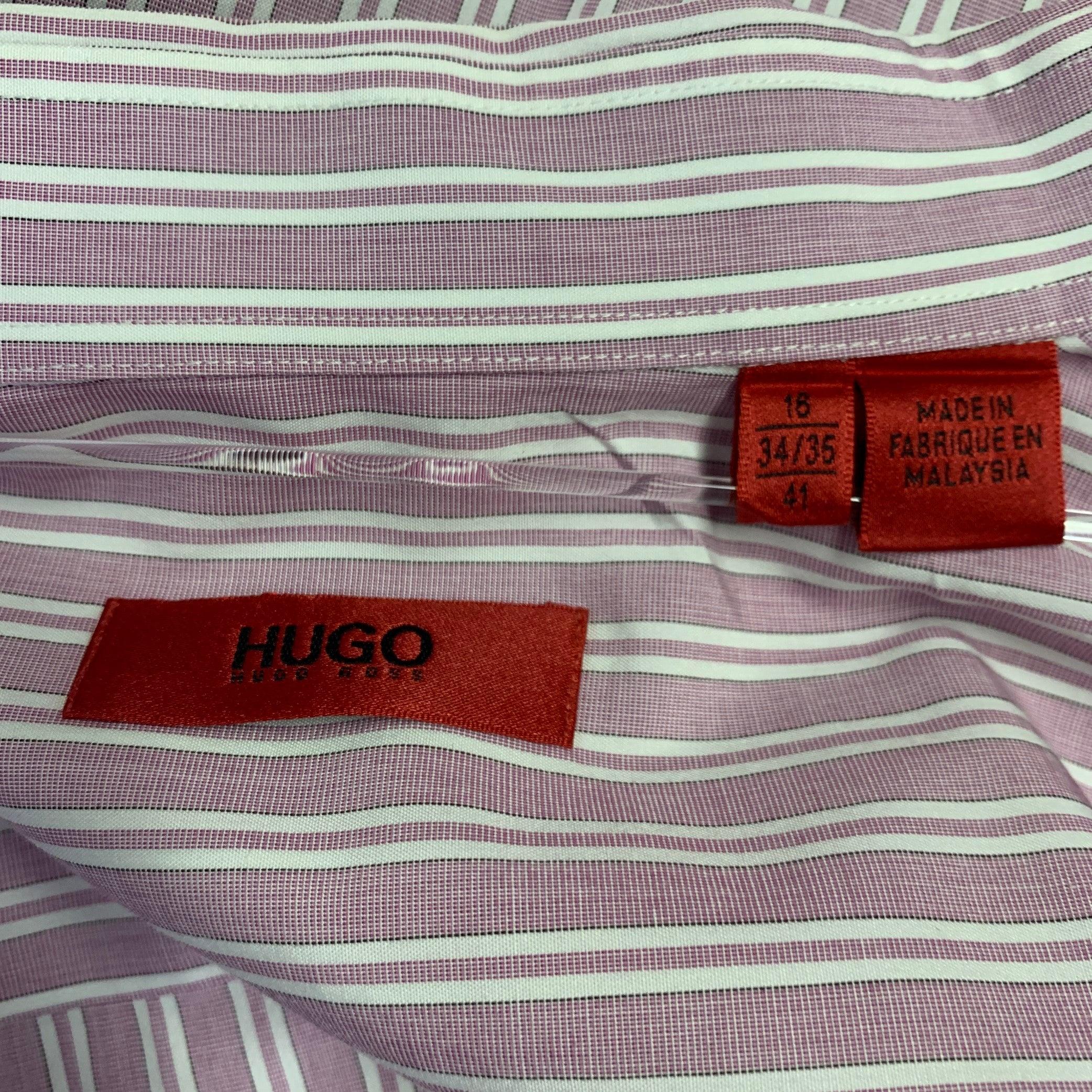 Men's HUGO BOSS Size L Purple White Stripe Cotton Long Sleeve Shirt For Sale