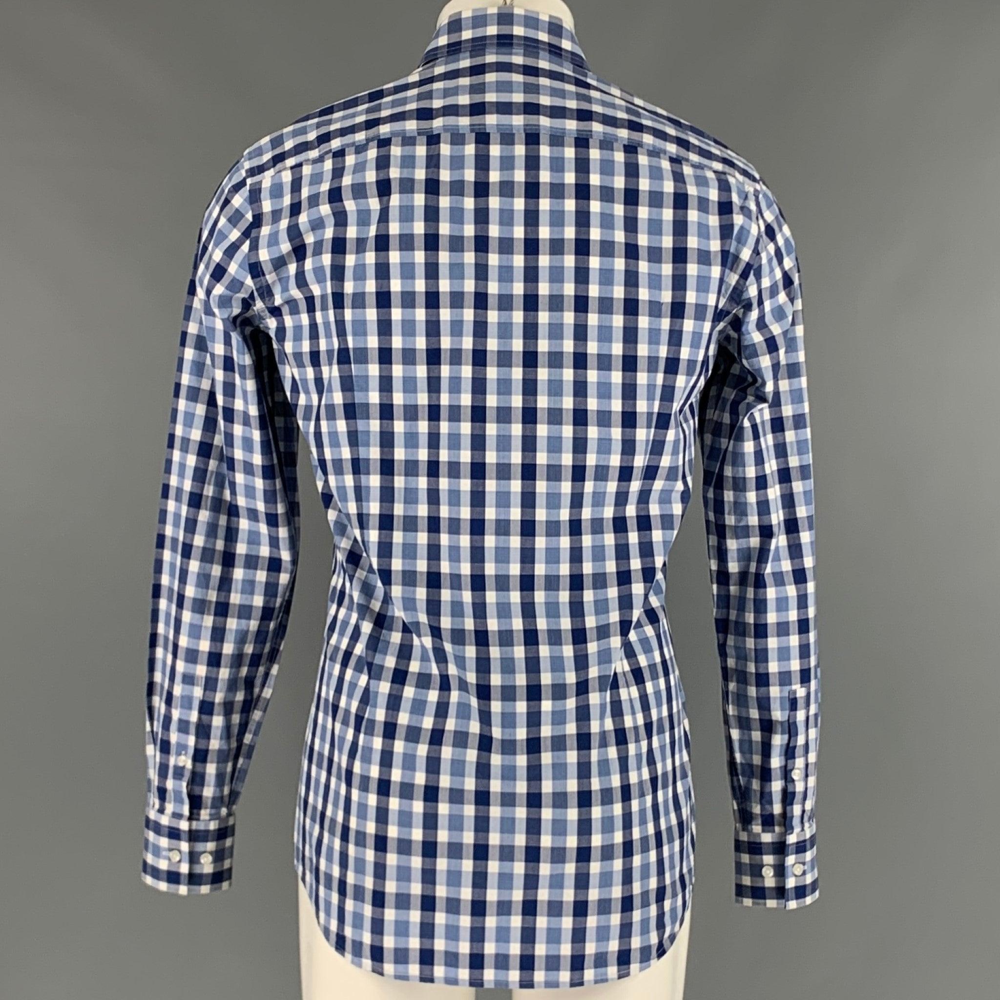 HUGO BOSS Size M Blue White Plaid Cotton Long Sleeve Shirt In Good Condition For Sale In San Francisco, CA