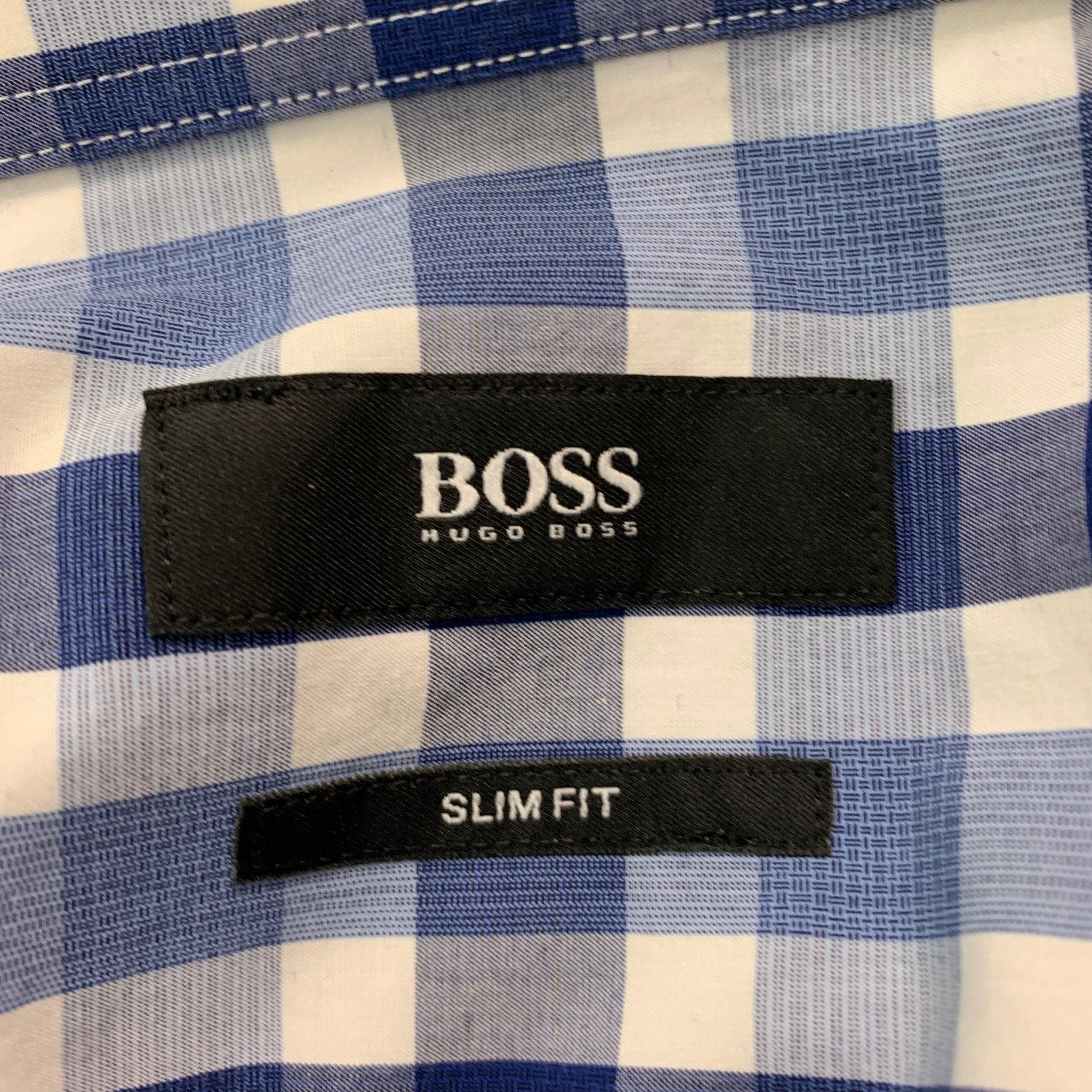 Men's HUGO BOSS Size M Blue White Plaid Cotton Long Sleeve Shirt For Sale
