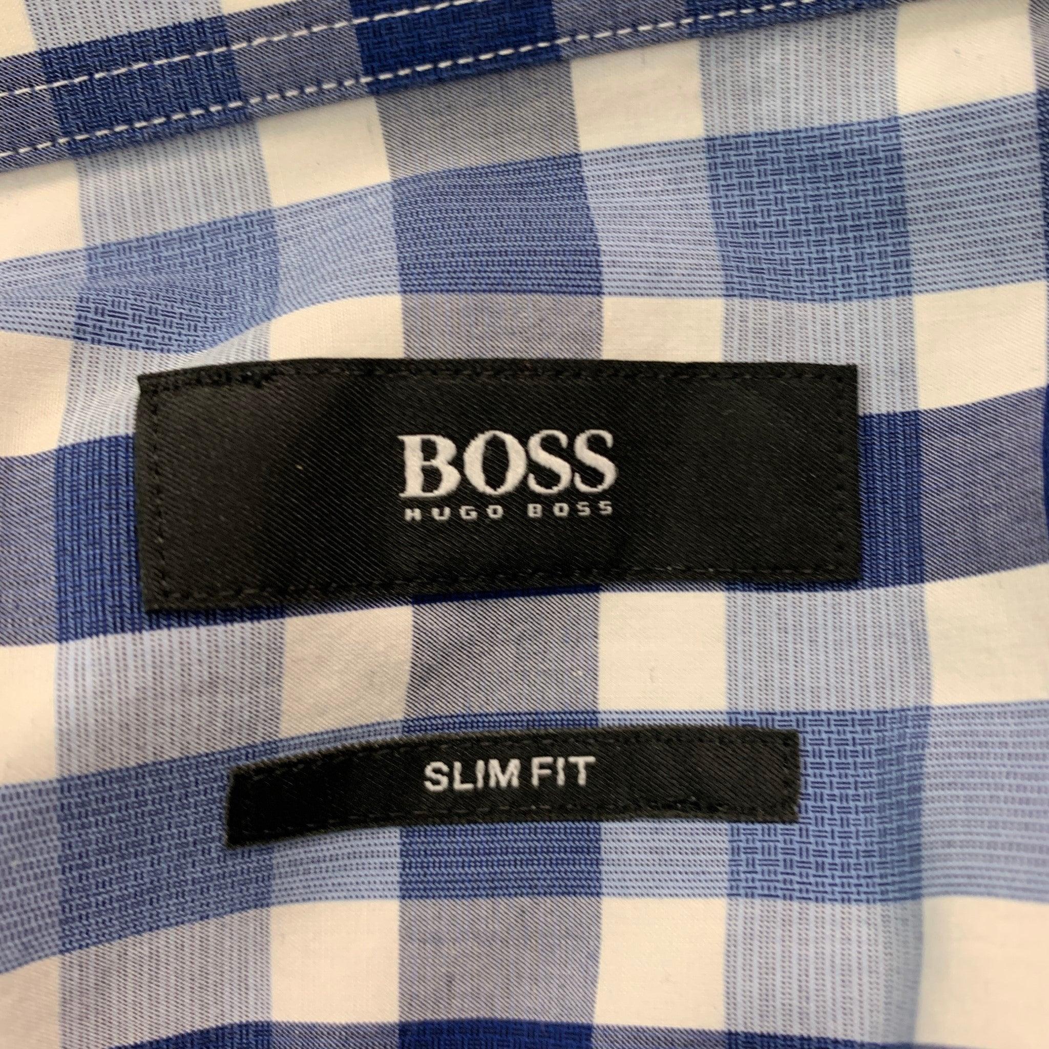 HUGO BOSS Size M Blue White Plaid Cotton Long Sleeve Shirt For Sale 1