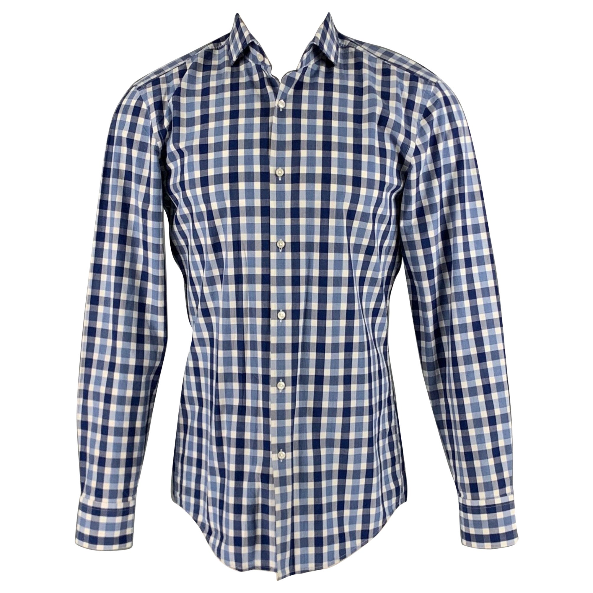 HUGO BOSS Talla M Camisa de Manga Larga de Algodón a Cuadros Azul Blanca