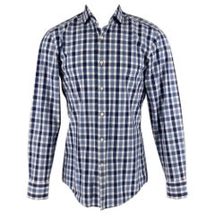 HUGO BOSS Talla M Camisa de Manga Larga de Algodón a Cuadros Azul Blanca