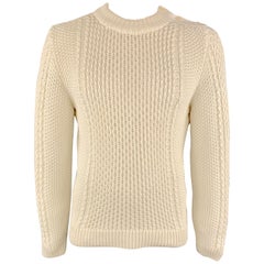 HUGO BOSS Taille M Pull col ras du cou en tricot blanc cassé en coton mélangé avec boutons latéraux