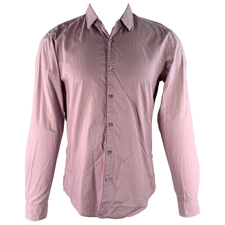 HUGO BOSS Size M Pink Blue and White Houndstooth Cotton Long Sleeve Shirt  For Sale at 1stDibs