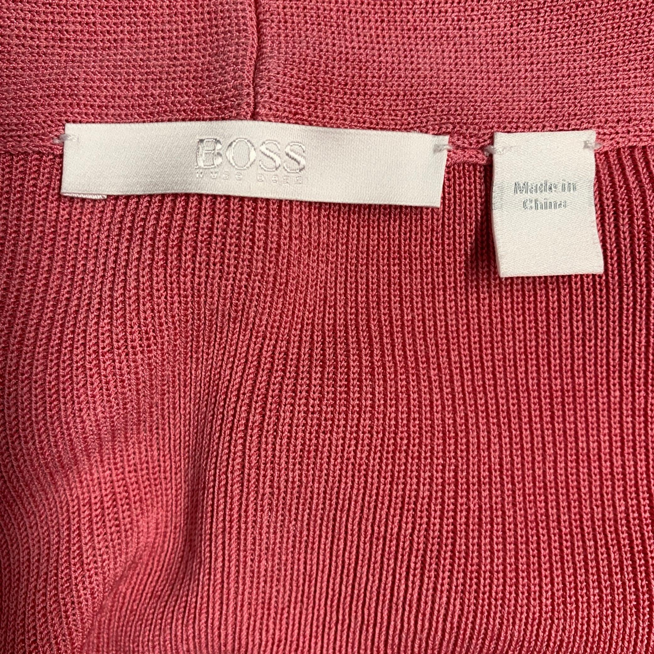HUGO BOSS - Cardigan court ouvert sur le devant en tricot côtelé de coton et de viscose rose, taille M Pour femmes en vente