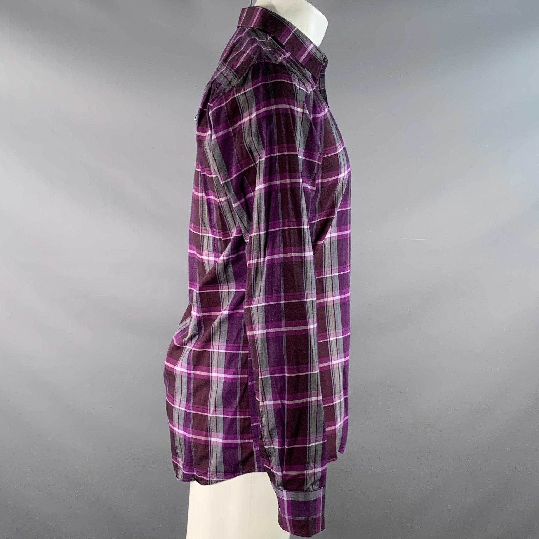 HUGO BOSS Camisa de manga larga de algodón a cuadros gris púrpura talla M Gris en venta