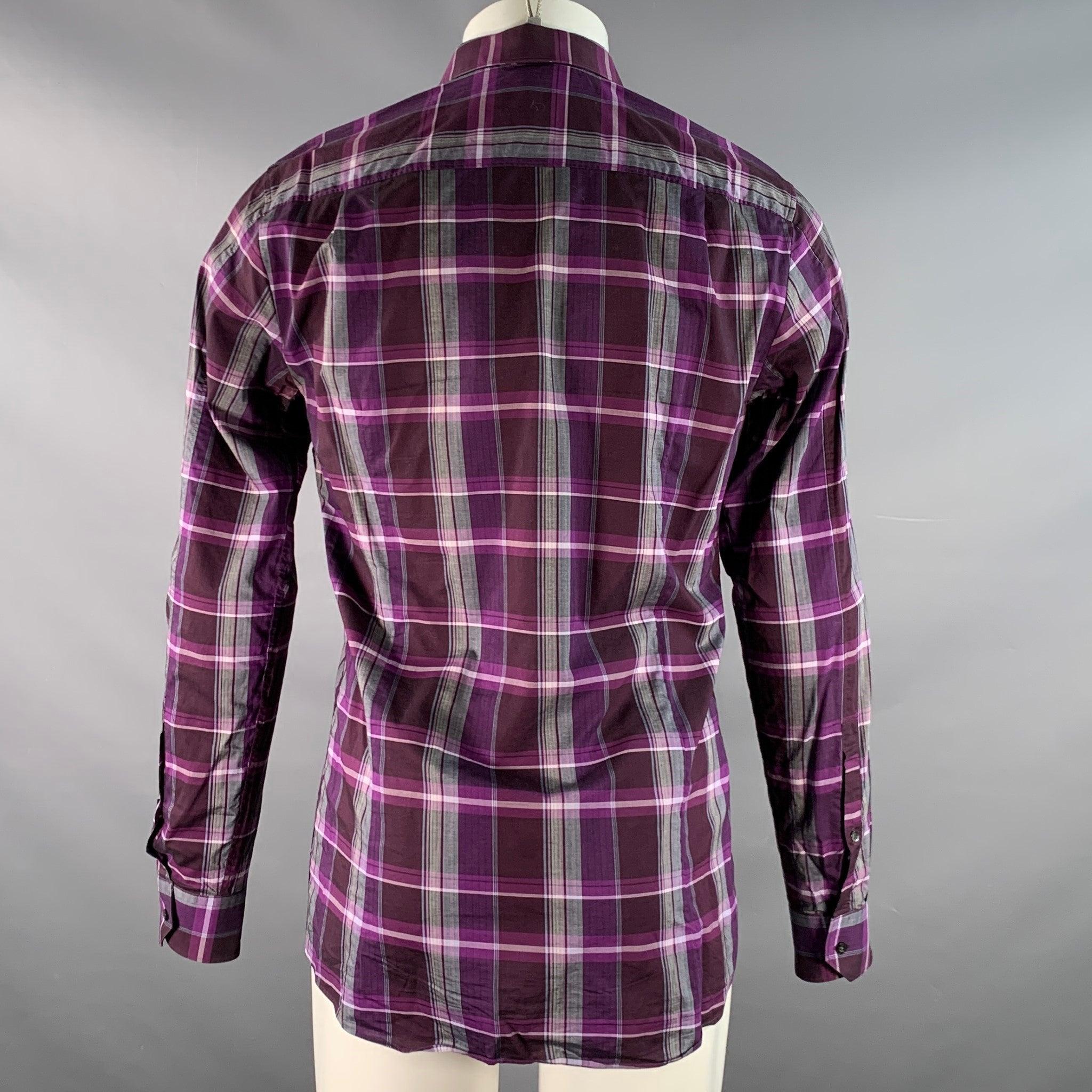 HUGO BOSS Camisa de manga larga de algodón a cuadros gris púrpura talla M en Excelente estado para la venta en San Francisco, CA