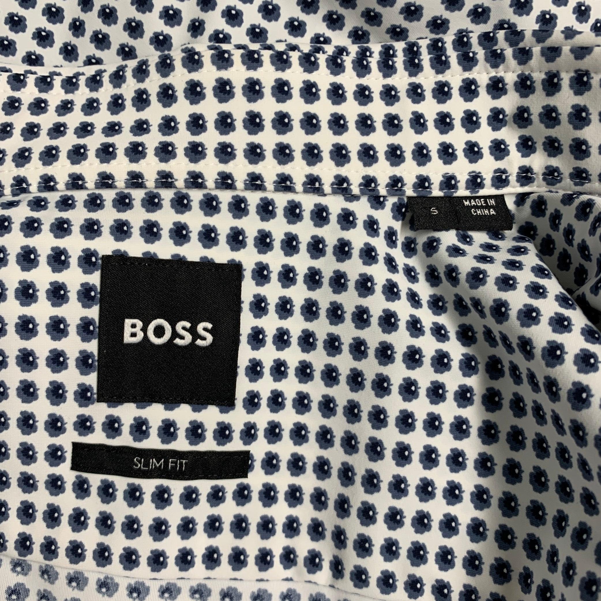 HUGO BOSS Size S White Grey Abstract Floral Stretch Slim Fit Long Sleeve Shirt For Sale 1