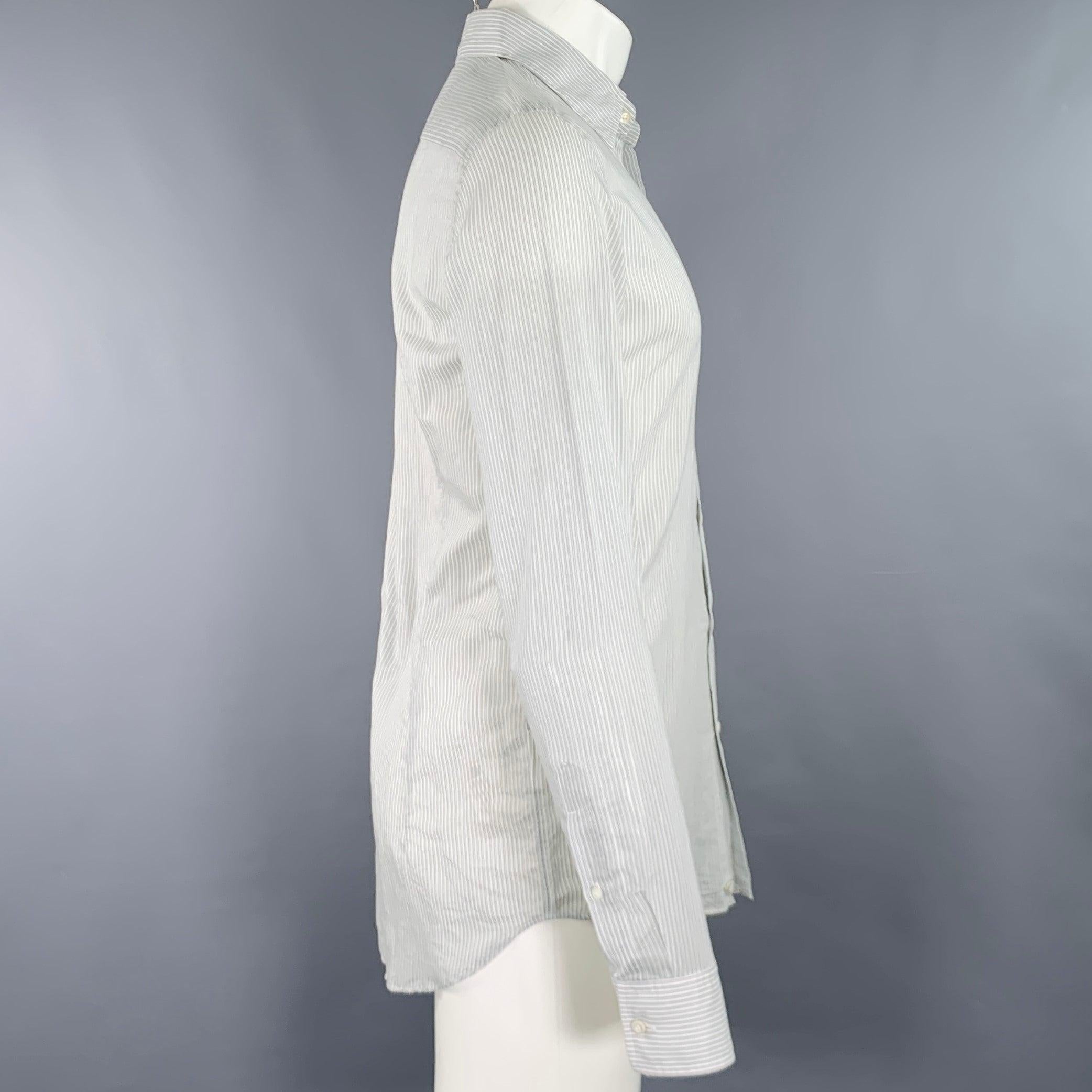 Gray HUGO BOSS Size S White Light Blue Stripe Cotton Silk Long Sleeve Shirt For Sale