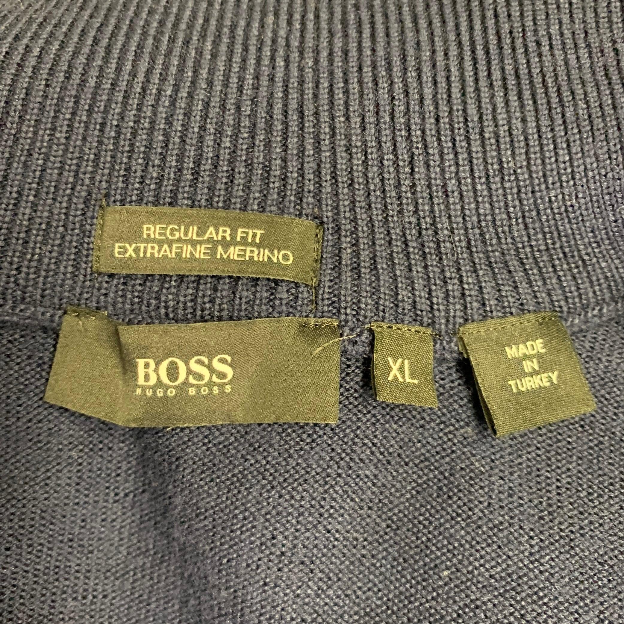 Men's HUGO BOSS Size XL Navy Knit Wool Zip Up Cardigan For Sale
