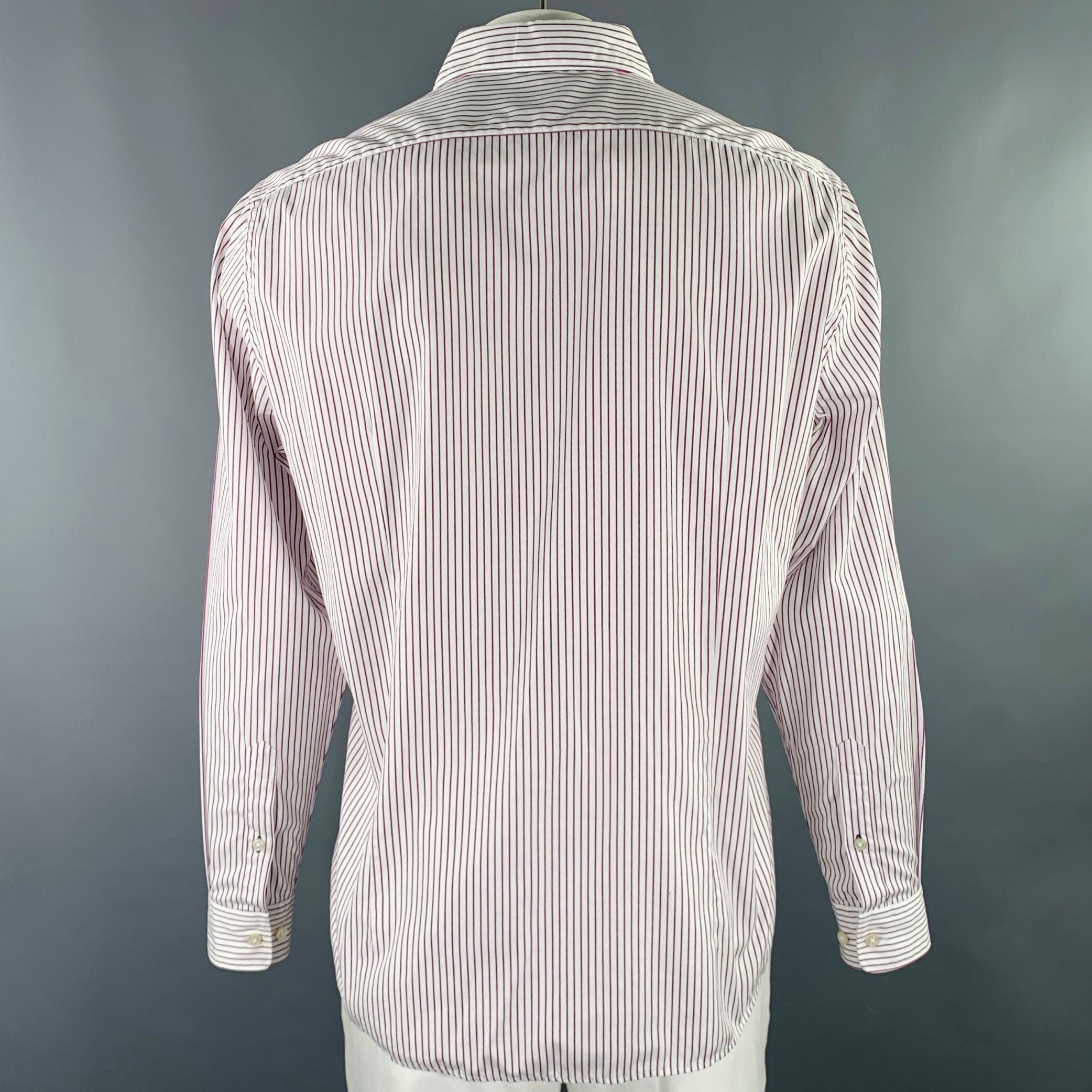HUGO BOSS Size XL White Purple Stripe Cotton Long Sleeve Shirt In Excellent Condition For Sale In San Francisco, CA