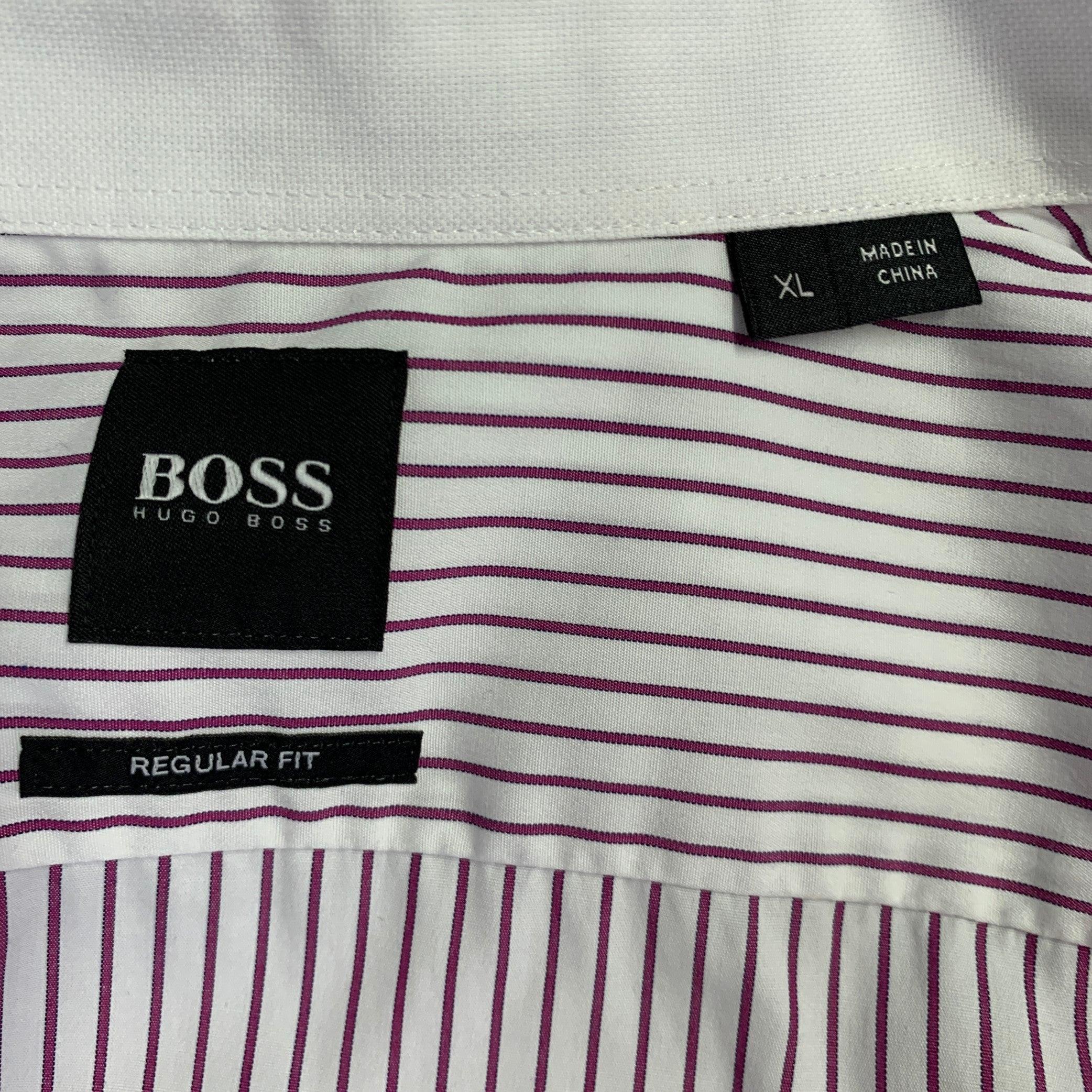 Men's HUGO BOSS Size XL White Purple Stripe Cotton Long Sleeve Shirt For Sale