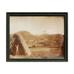"El Popocatépetl" Fotografía antigua de paisaje en tonos sepia con burro y montaña