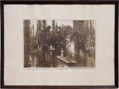 Antique “Xochimilco” Early Black and White Photograph of a River in Xochimilco, Mexico