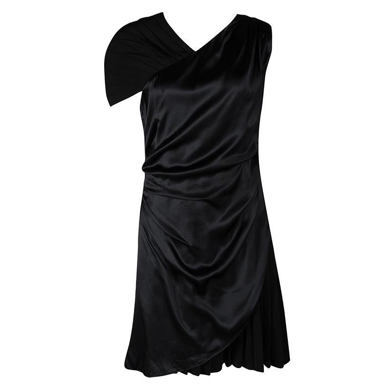 Hugo by Hugo Boss Black Silk Drape Detail Pleated Kareen Dress M In New Condition In Dubai, Al Qouz 2