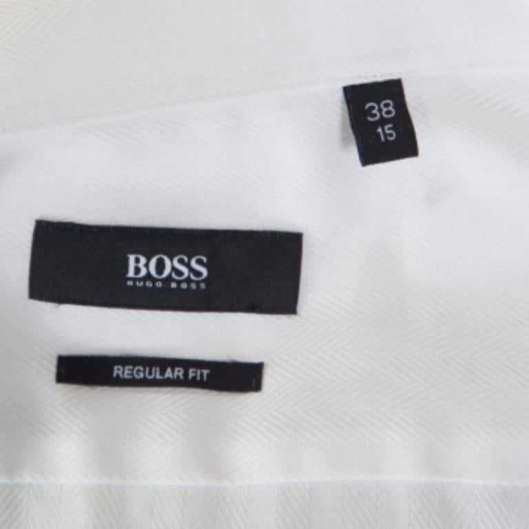 Hugo by Hugo Boss White Herringbone Long Sleeve Regular Fit Shirt S (Grau) im Angebot