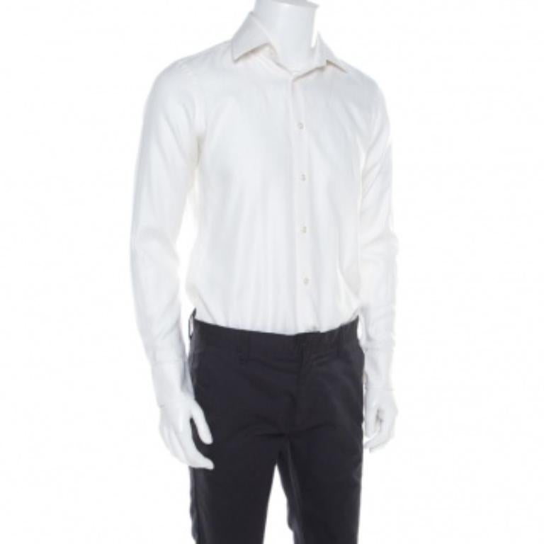 Hugo by Hugo Boss White Herringbone Long Sleeve Regular Fit Shirt S Herren im Angebot
