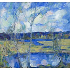 Hugo Carlberg, Landscape With Lake & Birch Trees, Oil Painting
