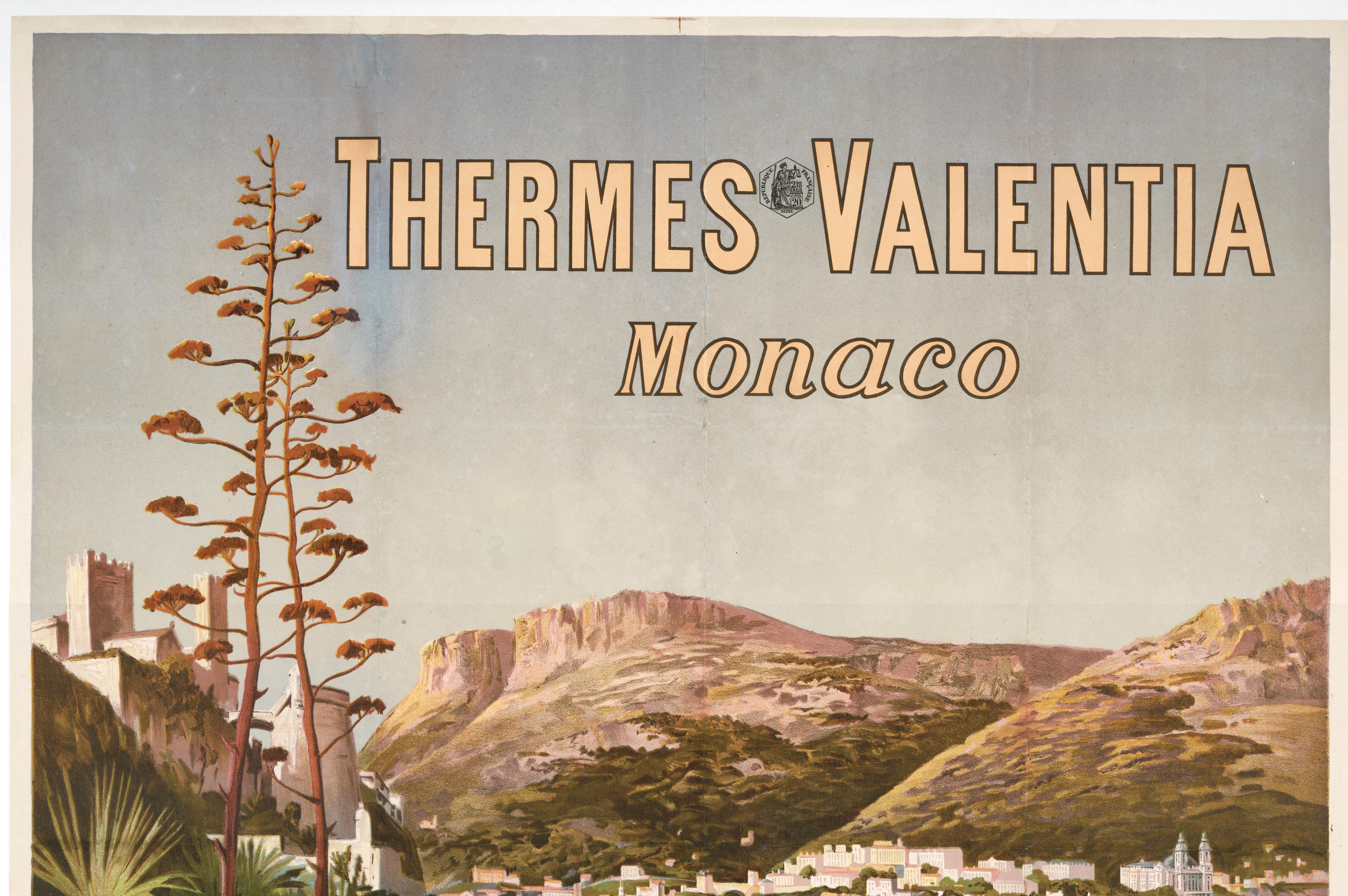 Original Belle Epoque Poster dating from 1896 by Hugo d'Alesi for Thermes Valentia in Monaco.

Artist: D’Alési Hugo (1849-1906)
Title: Imprimé chez F. Hermet
Date:  circa1896
Size: 28.7 x 41.3 in / 73 x 105 cm
Printer : Ateliers F. Hugi D’Alési, 5