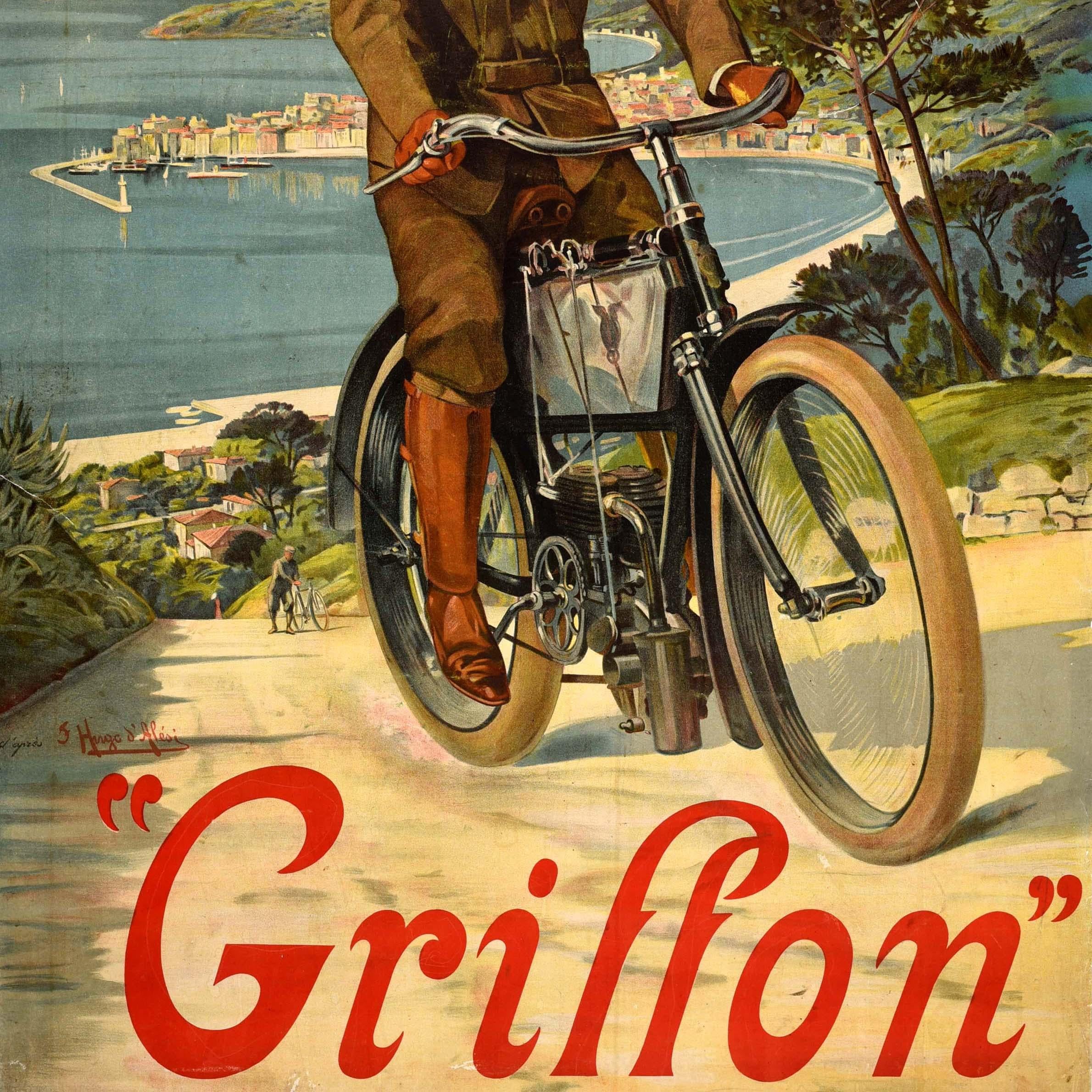 Original antique advertising poster for Griffon motorcycles featuring artwork by the French artist Frederic-Hugo de Alesi (1849-1906) showing a man with a moustache wearing gloves, boots and a cap, riding his motorised bike with ease up a hill, a
