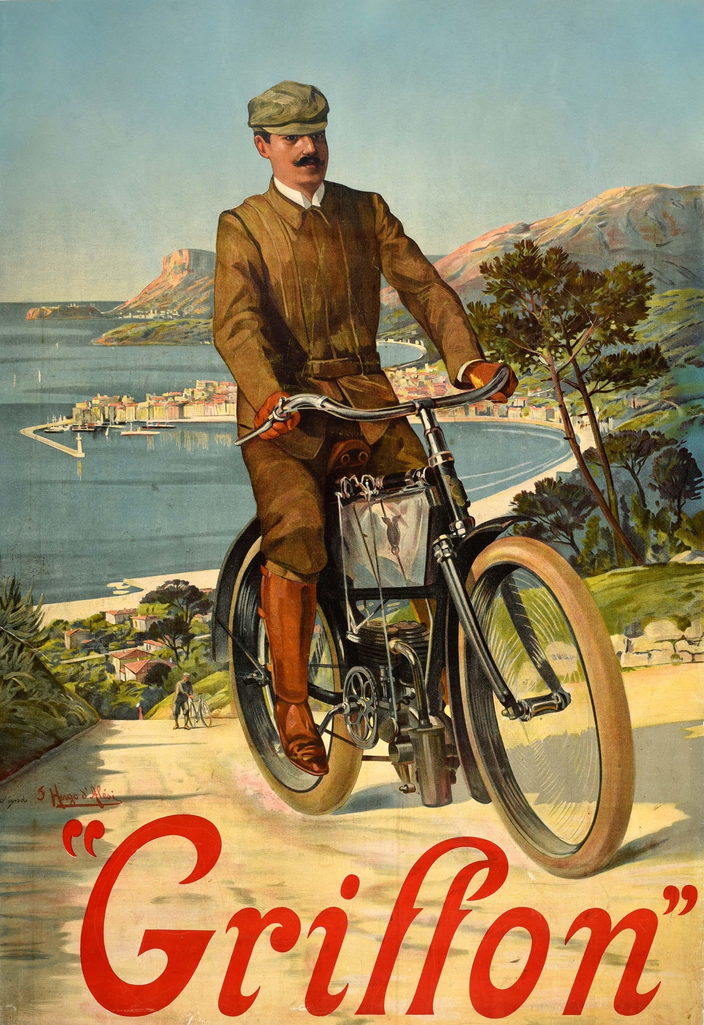 Hugo d'Alesi Print – Original Antikes Werbeplakat Griffon Motorrad, Frankreich, Design, Kunst