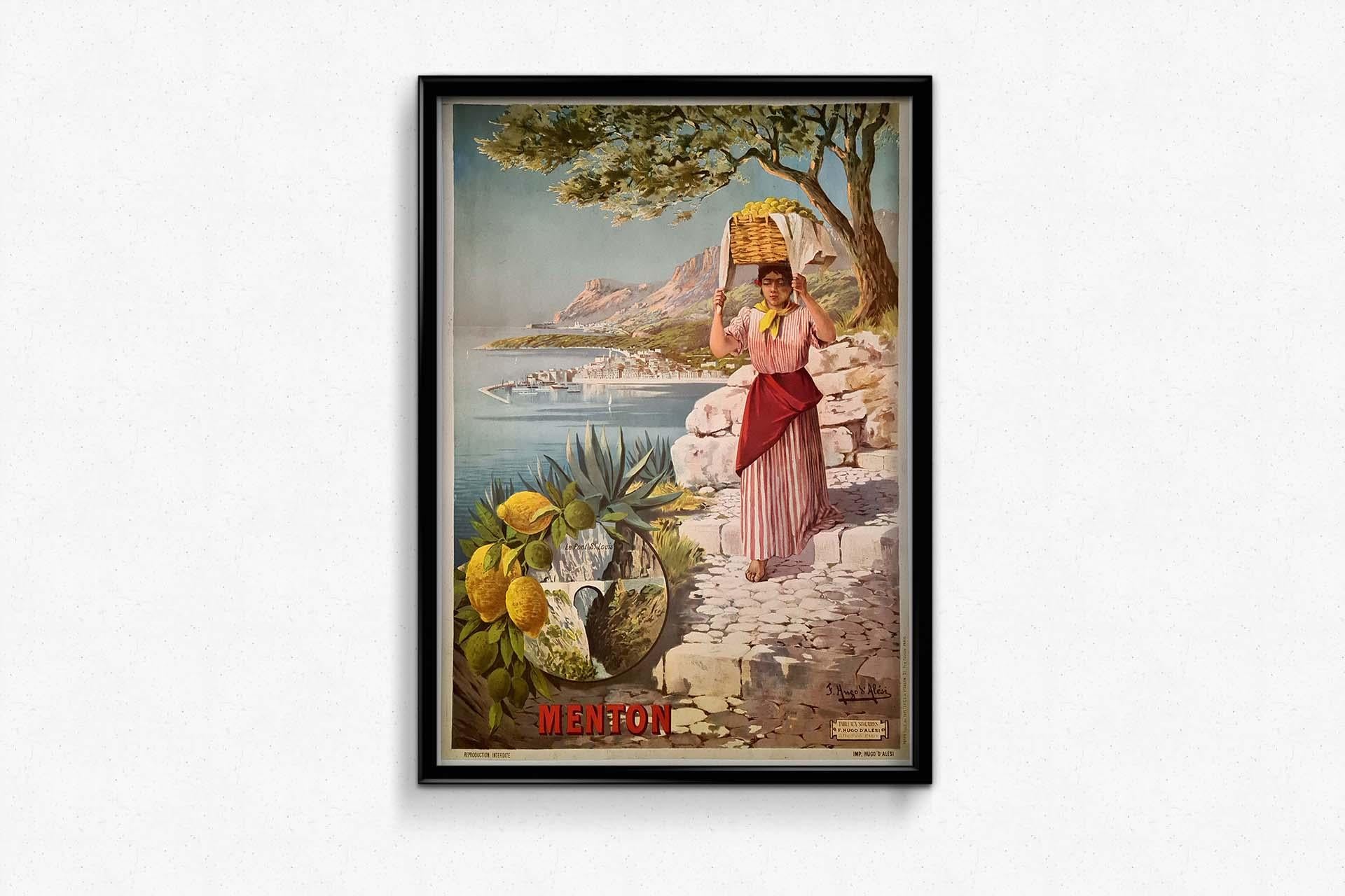 Originales Vintage-Reiseplakat Menton von Hugo d'Alesi, Französische Riviera, PLM im Angebot 1