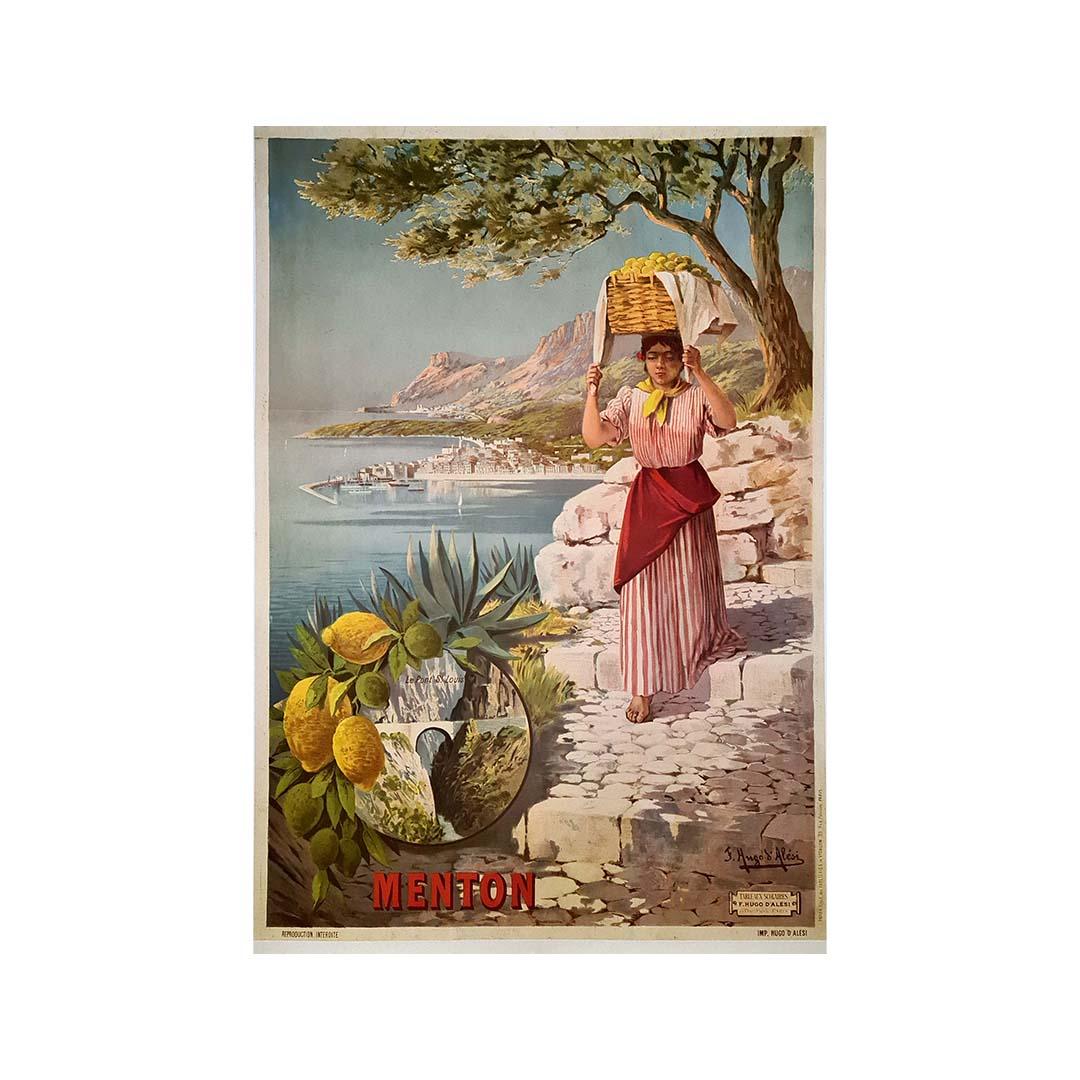 Original-Reiseplakat nach Menton von Hugo d'Alesi für die Eisenbahngesellschaft PLM. Hugo d'Alesi ist ein französischer Maler und Grafiker rumänischer Herkunft (1849 - 1906), der im späten 19. Jahrhundert zahlreiche touristische Plakate für