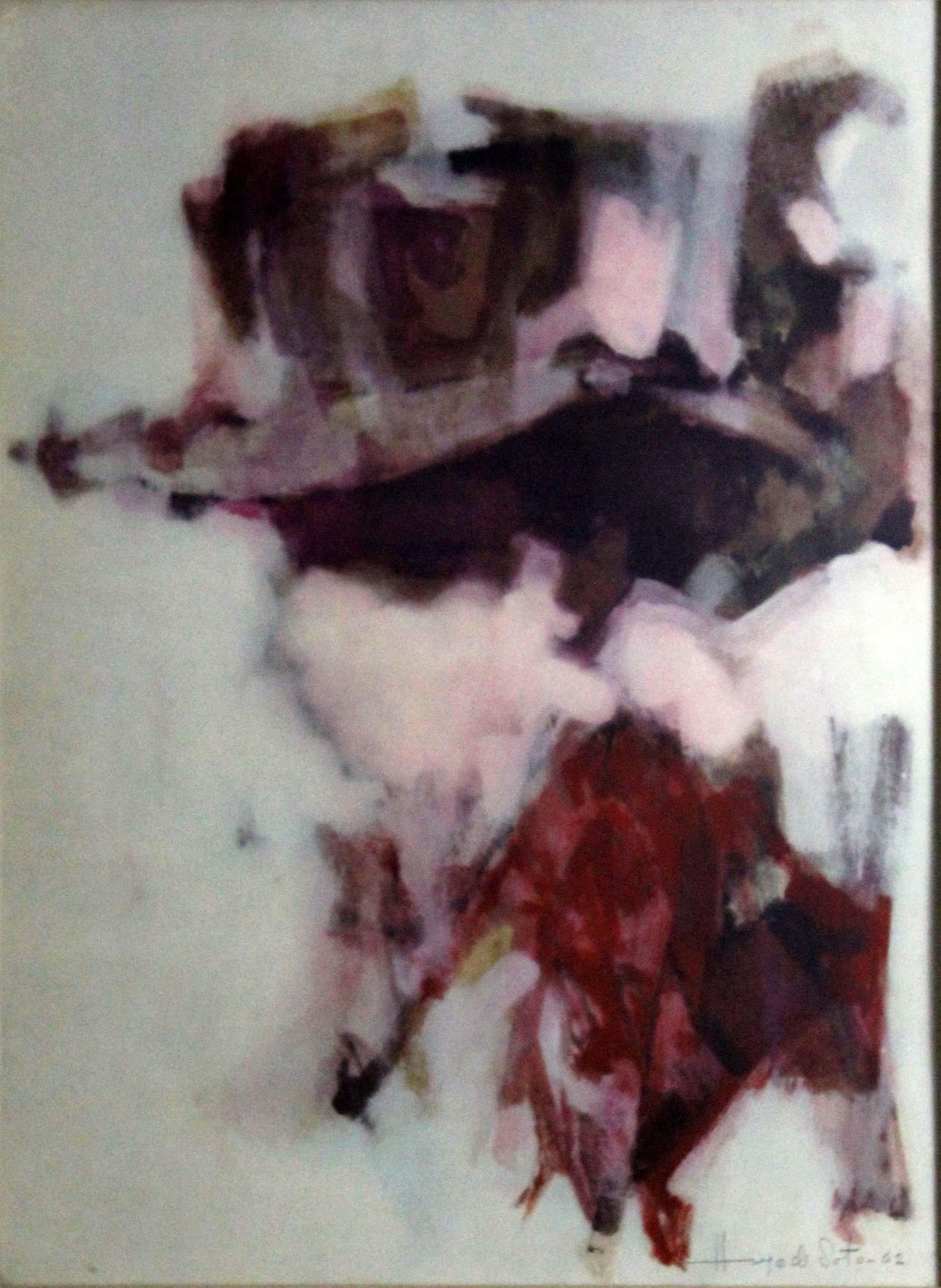An energizing abstract expressionism mixed media on paper by Hugo de Soto. Signed in pencil on the bottom right and dated 1962. A stunning example of De Soto's signature style in warm reds, plums, and browns. A fantastic edition to a modern inspired