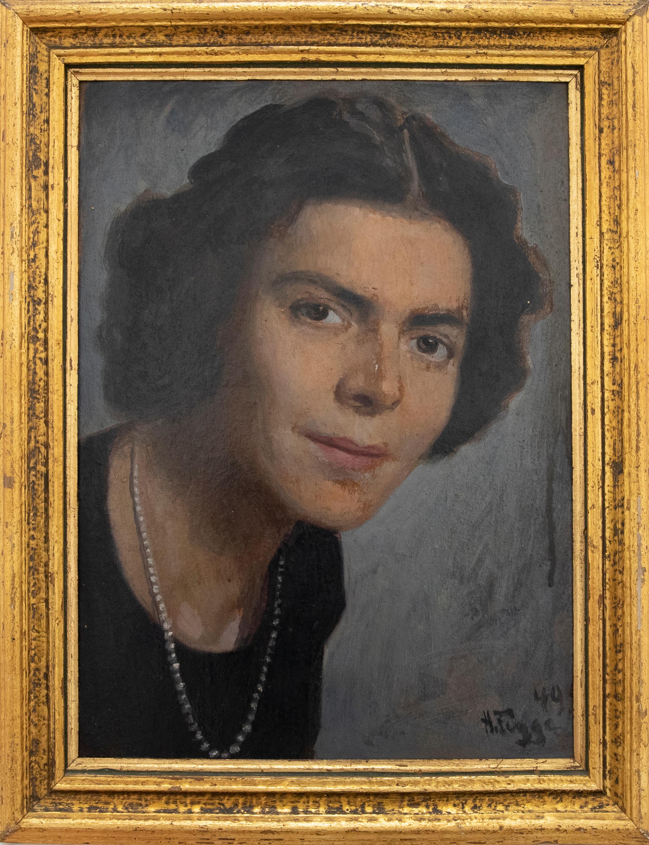 A striking portrait of a lady peering inquisitively at the viewer. So wears her hair short cropped in a typical 1940's fashion and sports a beaded necklace. Signed and dated to the lower right. Presented in a gilt frame. On board.