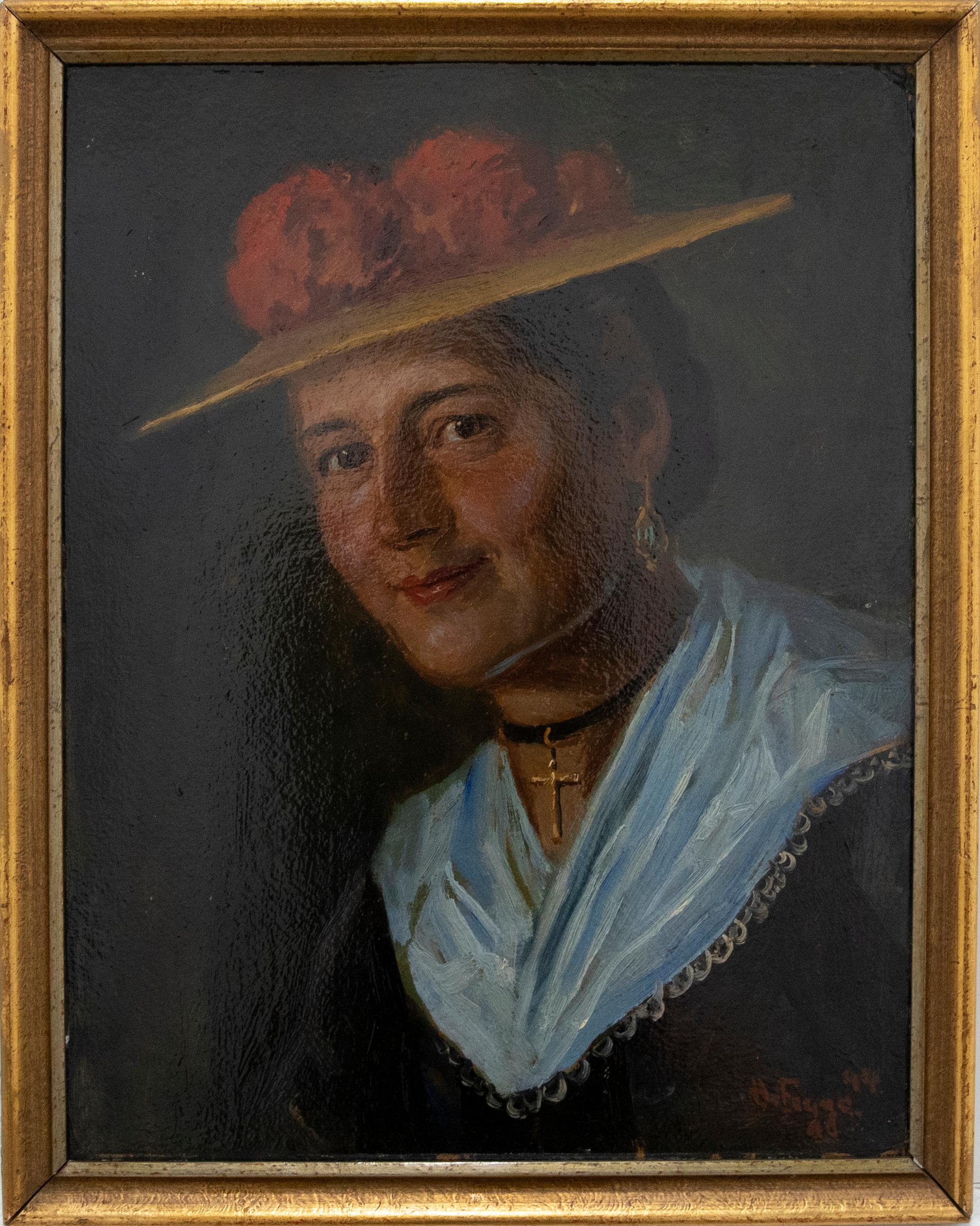 A joyous portrait of a lady wearing a floral hat and long black dress by German artist Hugo Figge. The sitter has been caught with a gentle smile, staring directly at the viewer. For the occasion the lady has accessorised her outfit with a beautiful