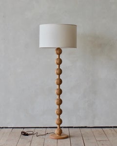 Natural Oak Modern Hugo Barbell Floor Lamp, Ivory Linen Shade, Natural