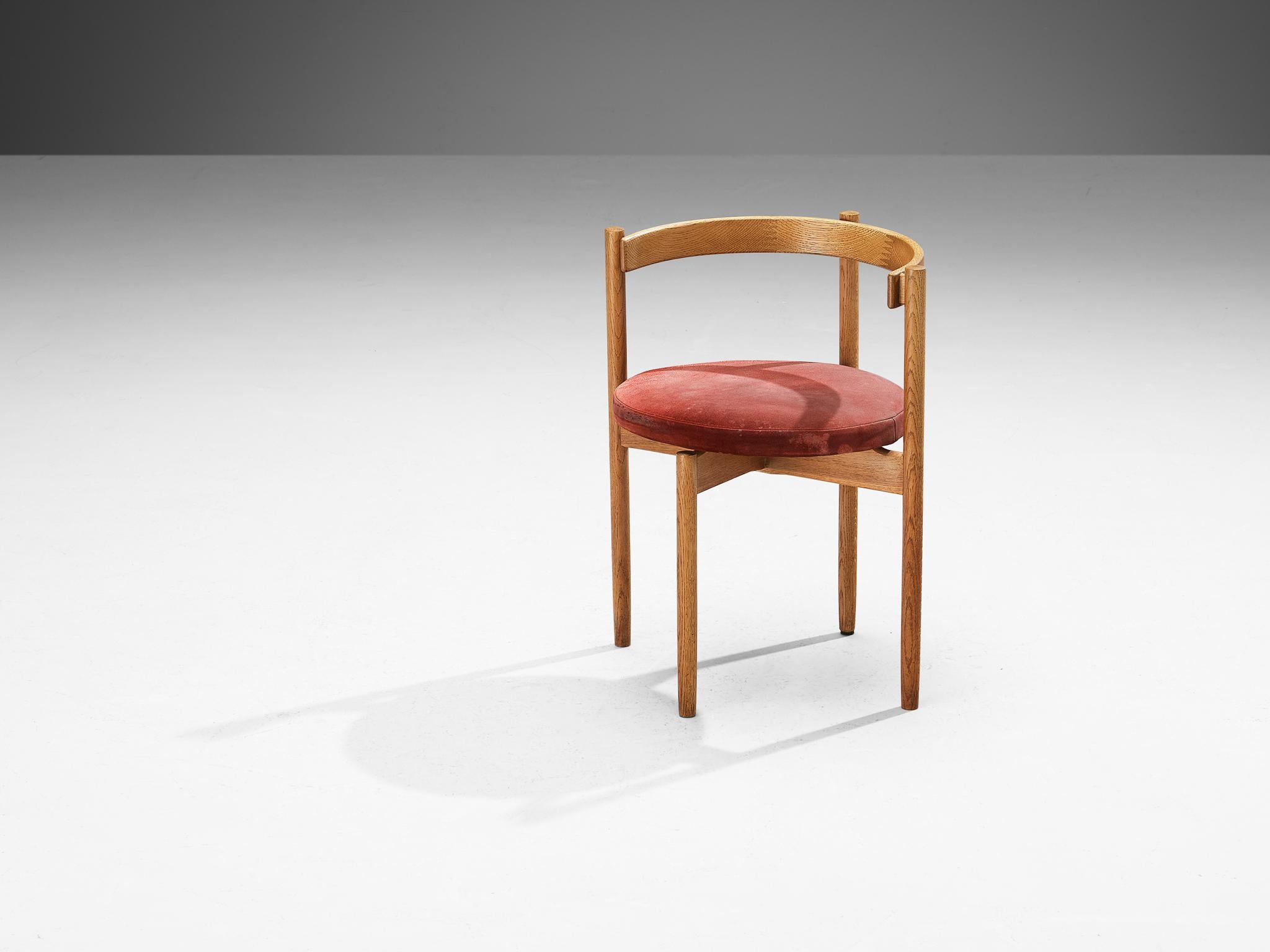 Hugo Frandsen for Børge M. Søndergaard, chair, oak, suede, Denmark, 1964 

This elegant design by Hugo Frandsen demonstrates a refined attention to detail and craftsmanship. The semi-circular backrest is joined using finger joints, a structural