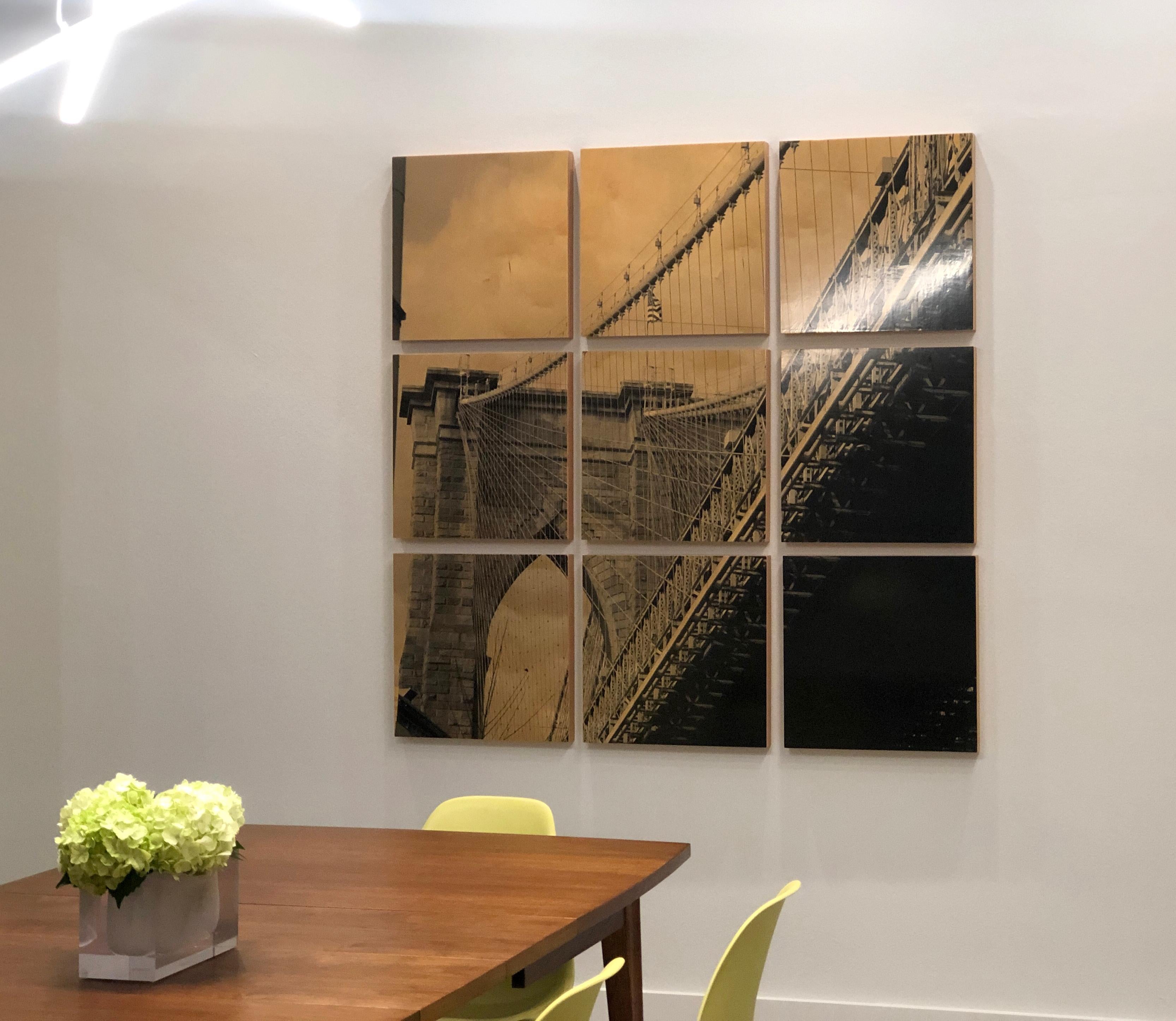 Brooklyn Bridge I, contemporary and elegant, mixed media photography on wood - Photograph by Hugo Garcia-Urrutia