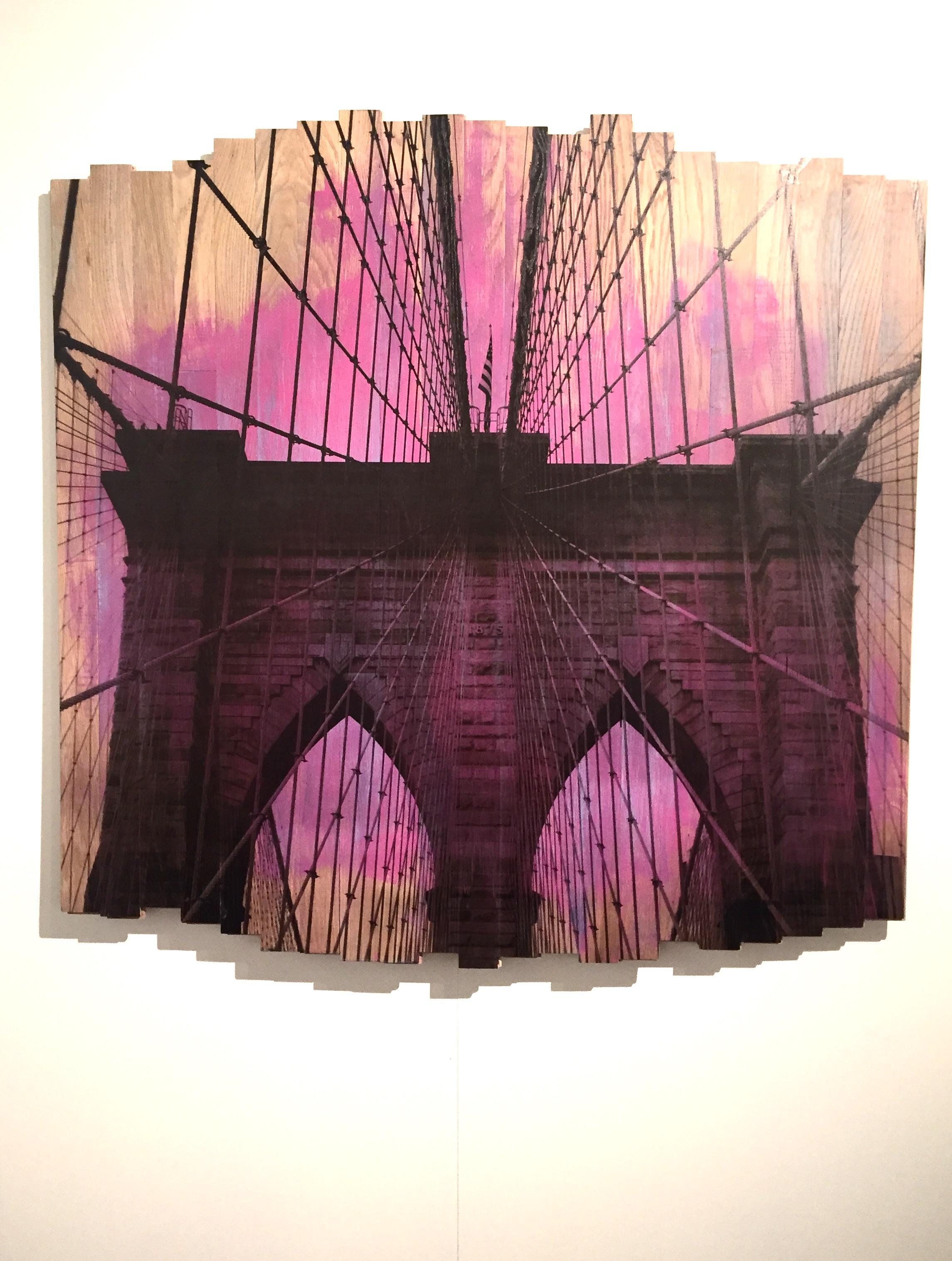 Brooklyn Bridge IV, Sunset Magenta, mixed media photography on wood - Photograph by Hugo Garcia-Urrutia