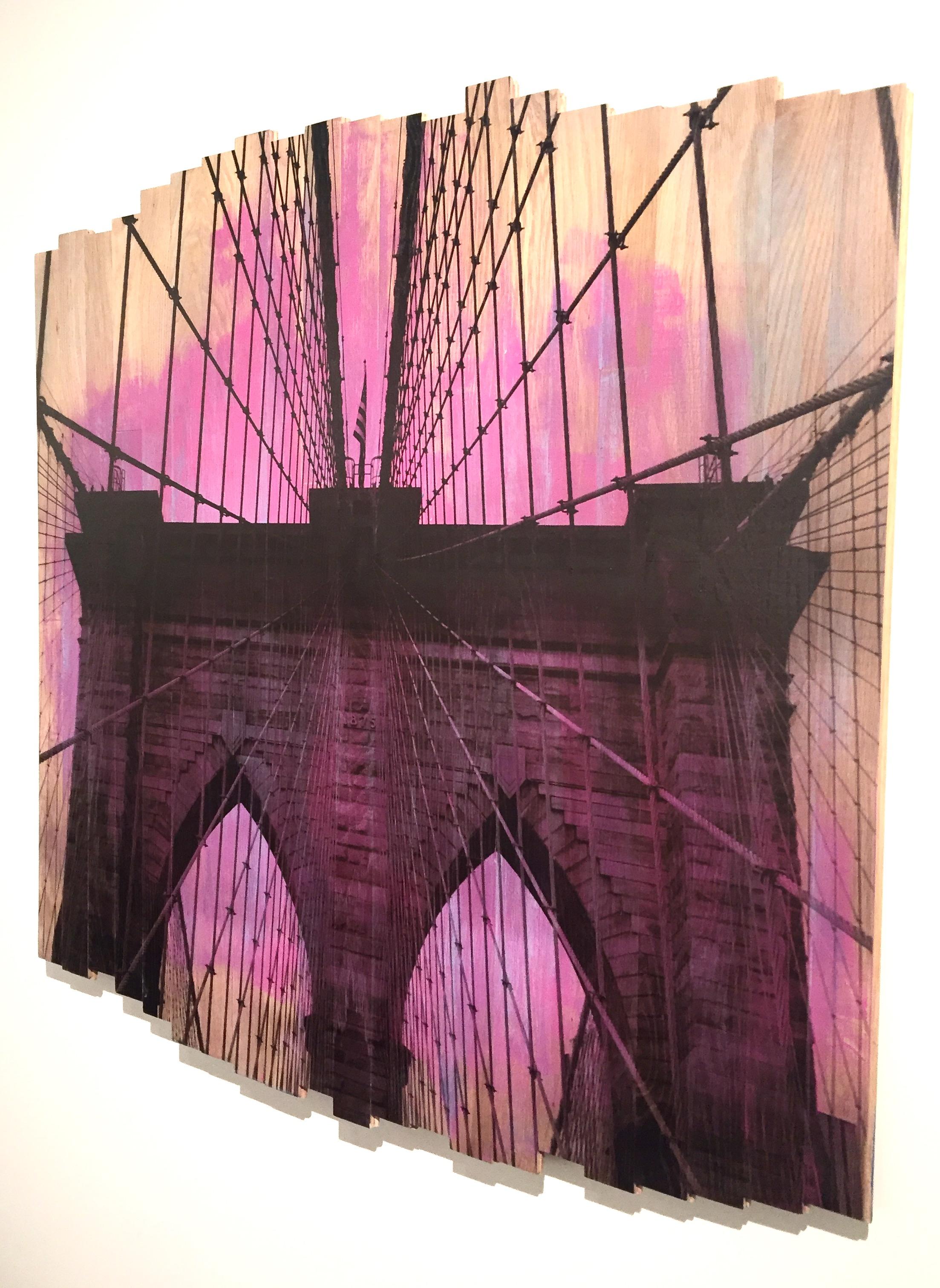 Brooklyn Bridge IV, Sunset Magenta, mixed media photography on wood