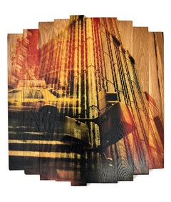 Rays of City Light, fine art photography on maple wood, yellow and orange NYC