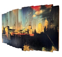 Soaring Sky High, fine art abstract on maple wood, NYC, water towers & blue sky