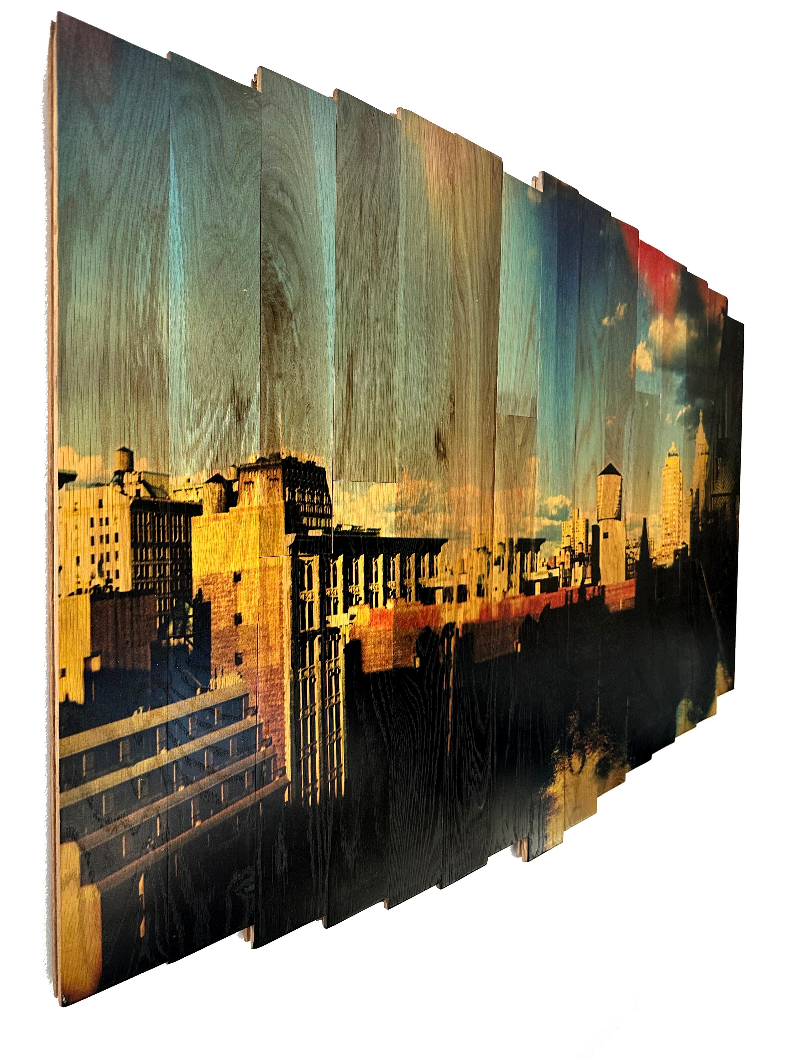 Soaring Sky High, fine art abstract on maple wood, NYC, water towers & blue sky For Sale 1